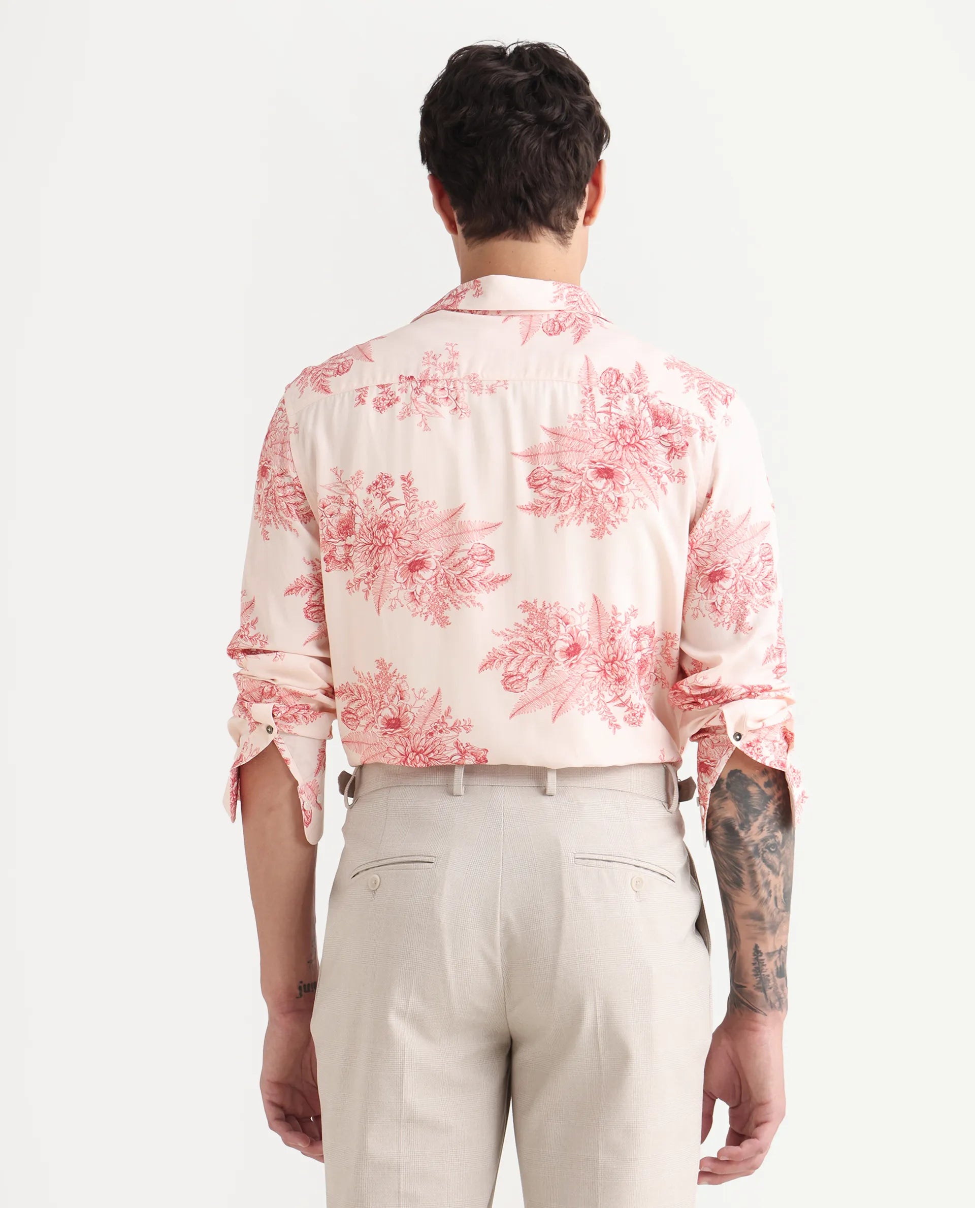 Rare Rabbit Men's Grim-25 Peach Viscose Floral Print Regular Fit Full Sleeve Collared Shirt