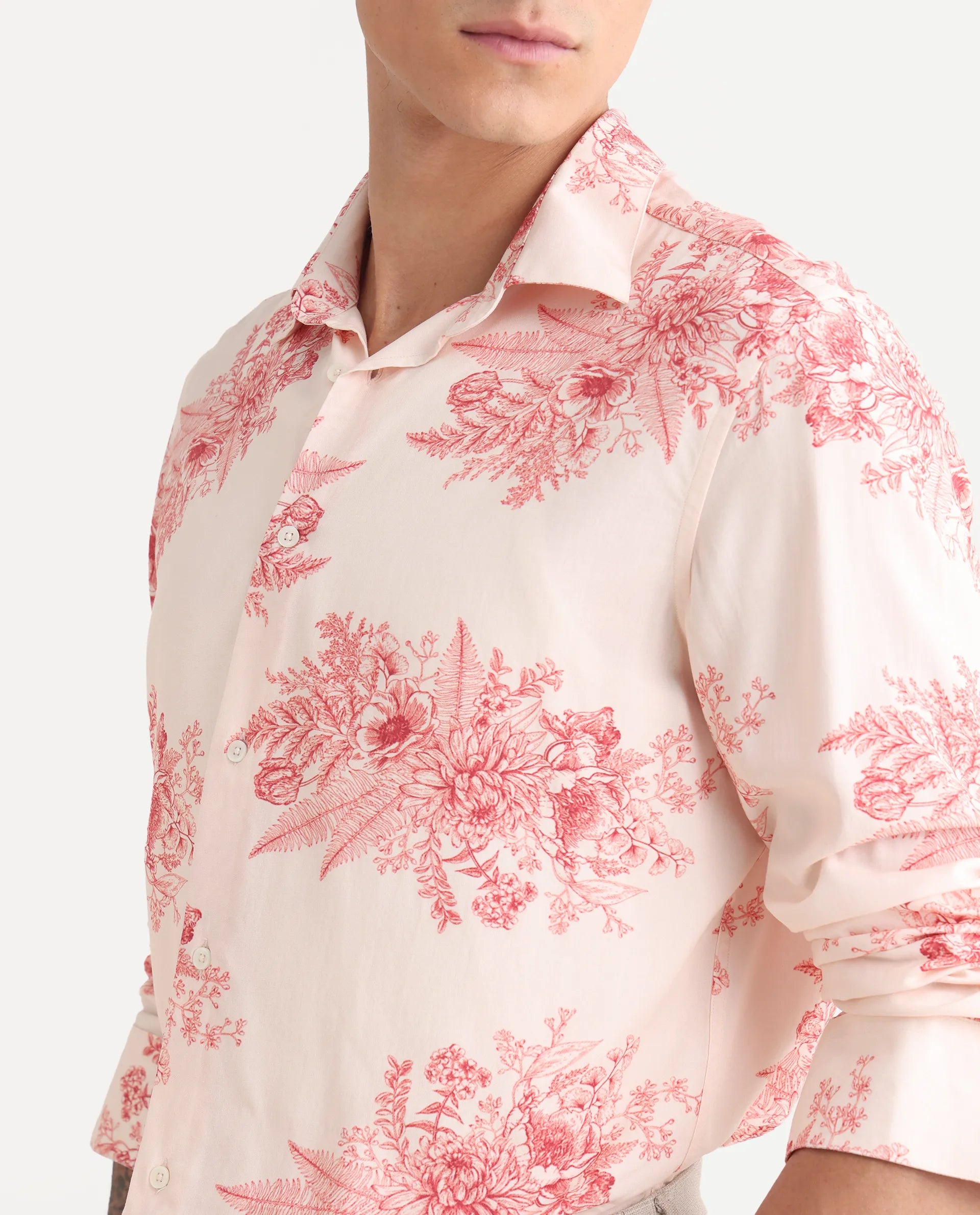 Rare Rabbit Men's Grim-25 Peach Viscose Floral Print Regular Fit Full Sleeve Collared Shirt