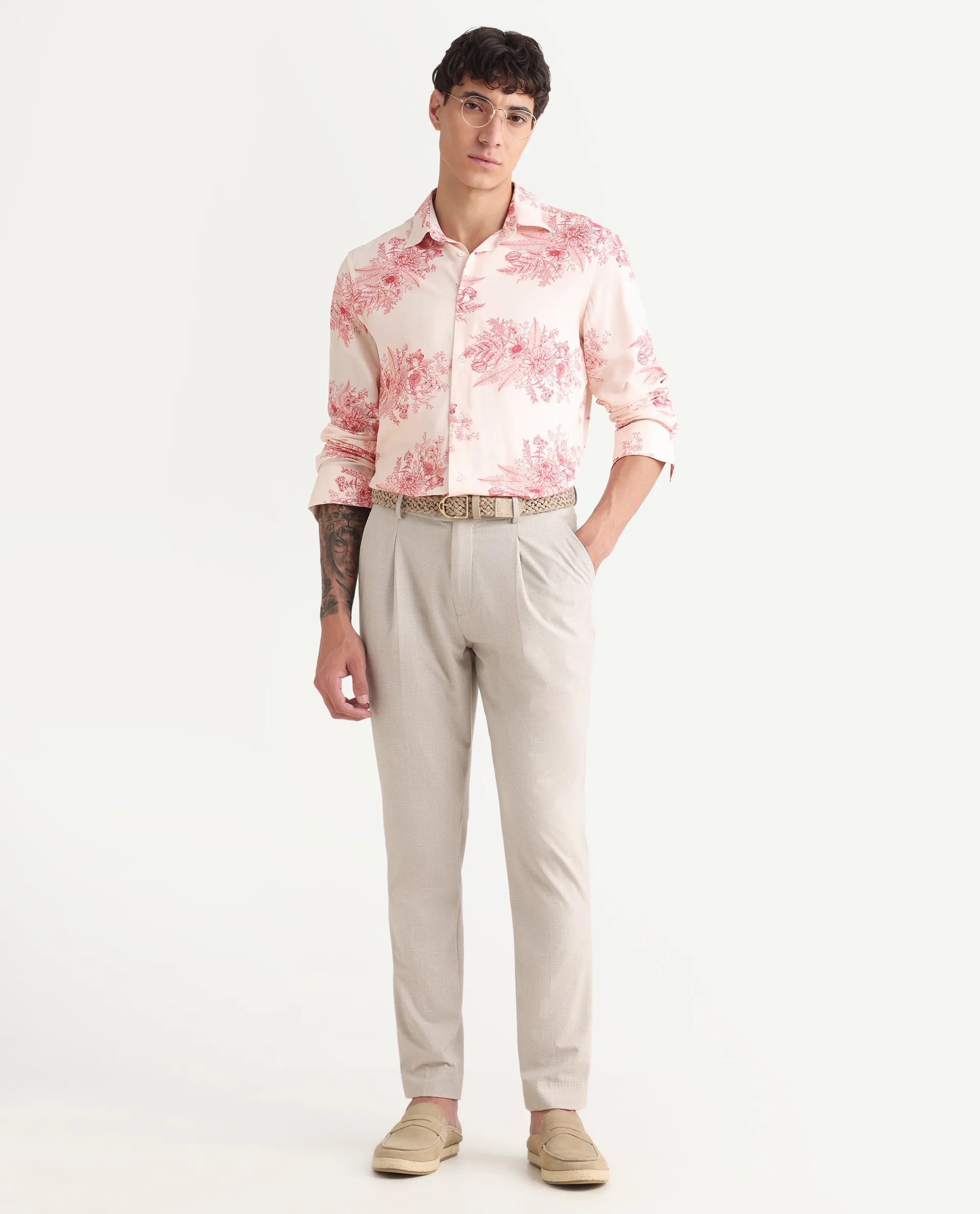 Rare Rabbit Men's Grim-25 Peach Viscose Floral Print Regular Fit Full Sleeve Collared Shirt