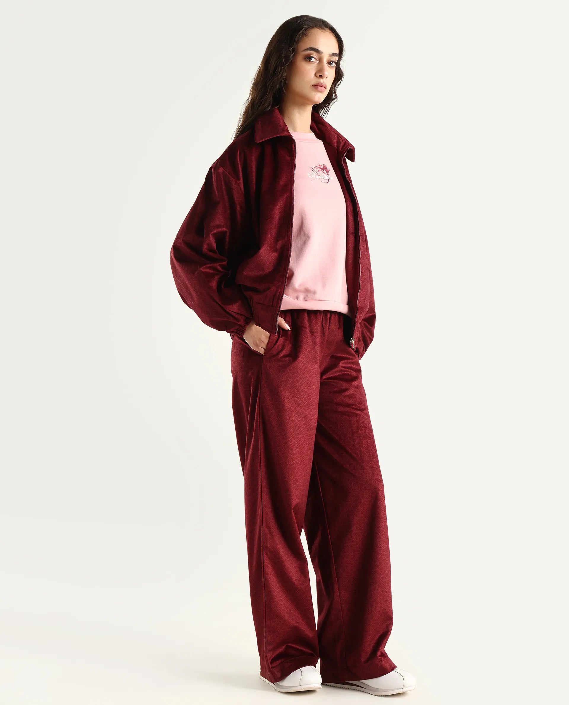 Rareism Women's Jacamo-B Maroon Polyester Straight Monogram Print Trouser
