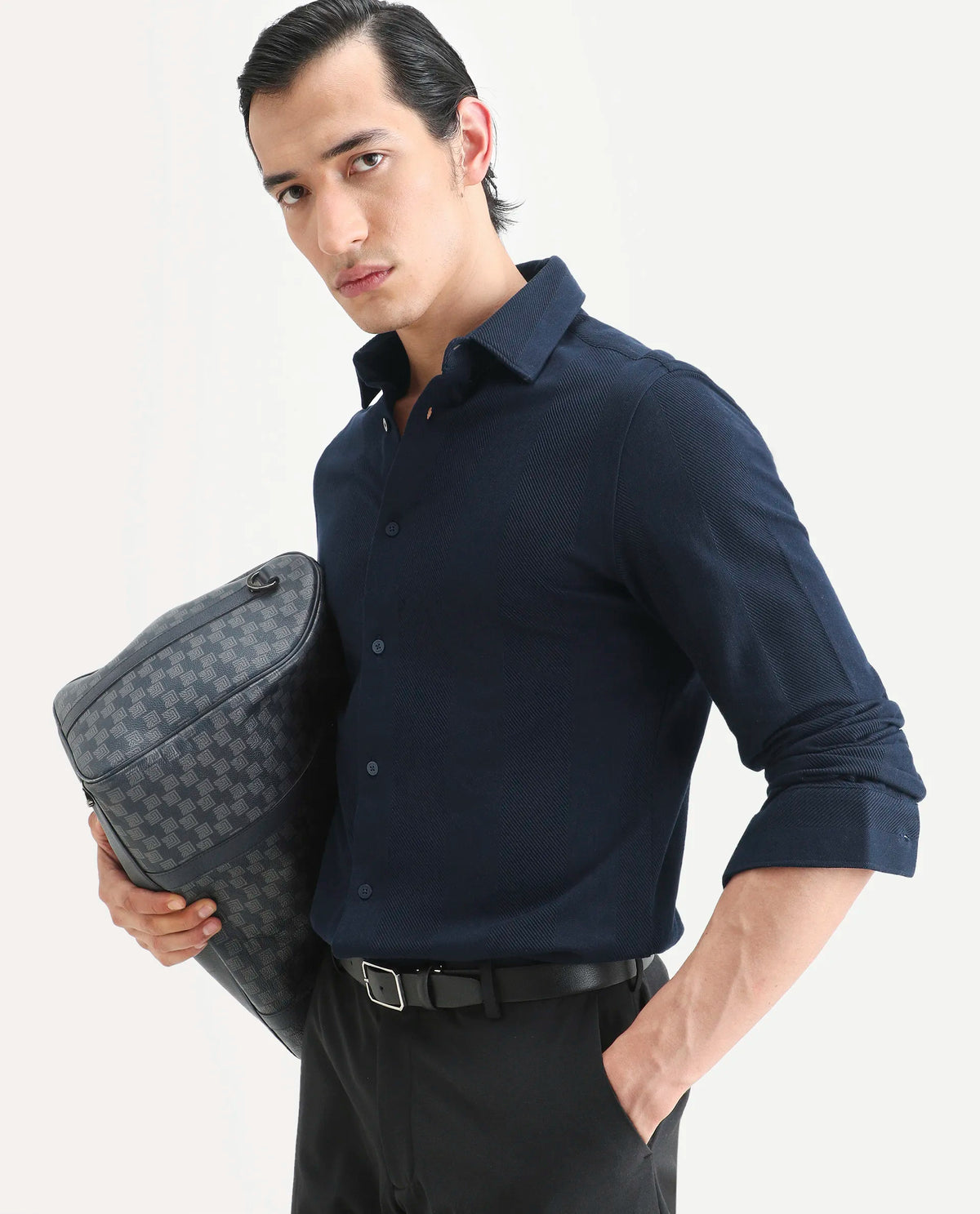 Rare Rabbit Men's Loxa Dark Navy Cotton Striped Print Regular Fit Full Sleeve Collared Shirt