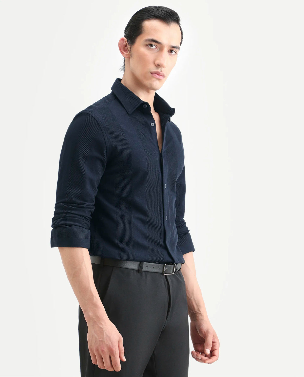 Rare Rabbit Men's Loxa Dark Navy Cotton Striped Print Regular Fit Full Sleeve Collared Shirt