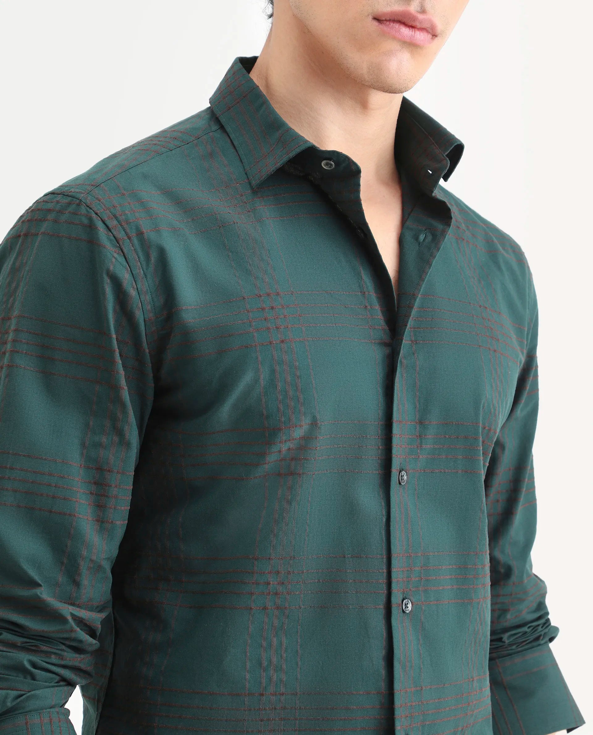 Rare Rabbit Men's Vola-25 Dark Green Cotton Fabric Full Sleeve Regular Fit Checked Shirt