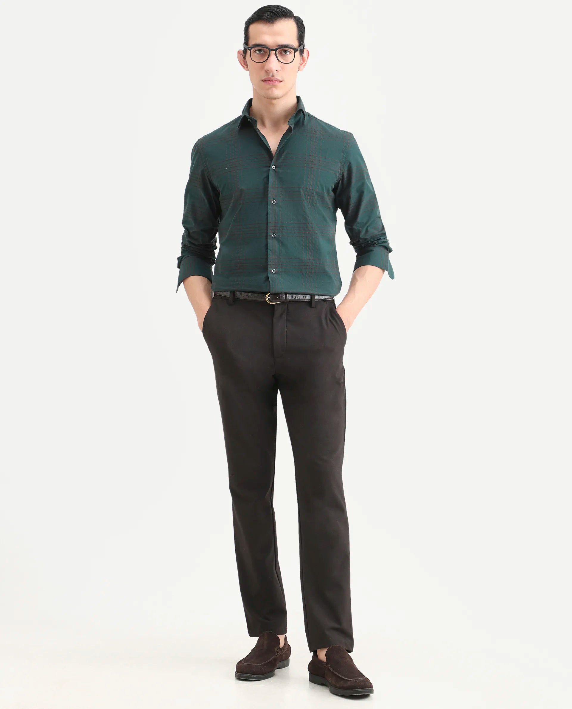 Rare Rabbit Men's Vola-25 Dark Green Cotton Fabric Full Sleeve Regular Fit Checked Shirt