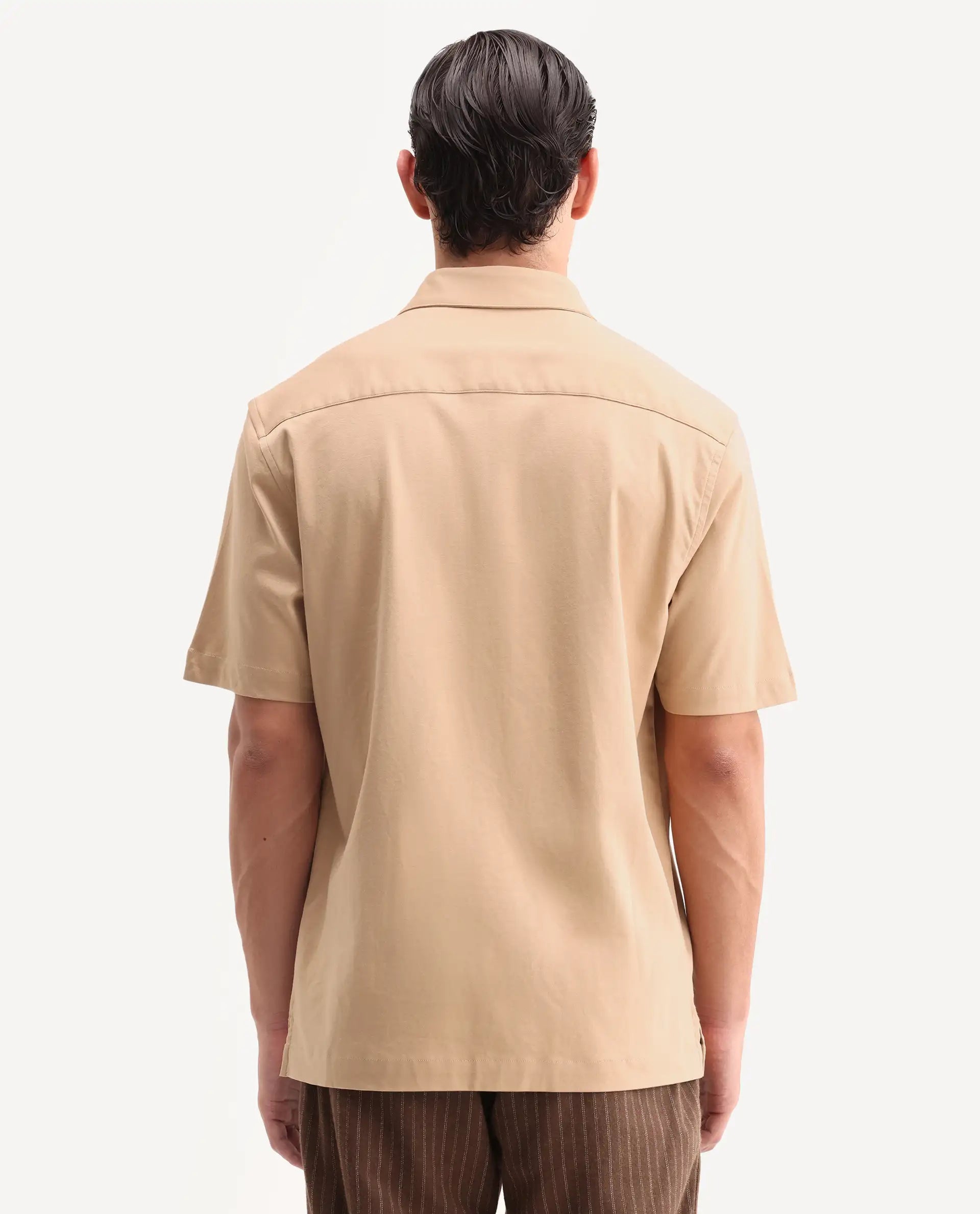 Rare Rabbit Men's Jupi Beige Cotton Fabric Spread Collar Regular Fit Embroidered Shirt