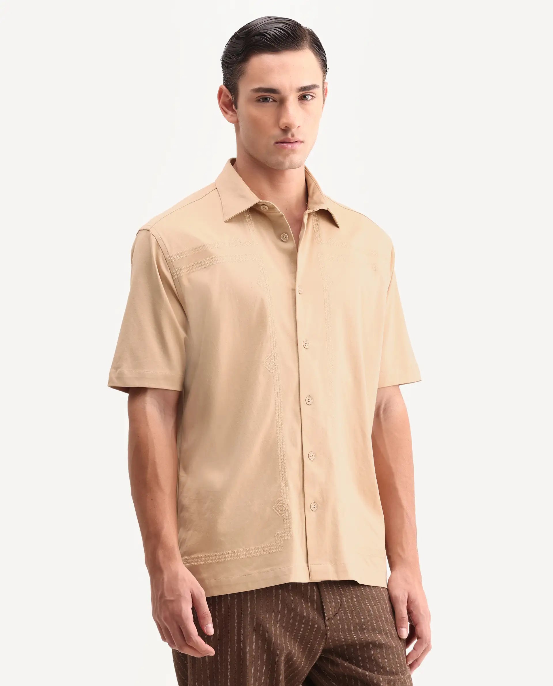 Rare Rabbit Men's Jupi Beige Cotton Fabric Spread Collar Regular Fit Embroidered Shirt