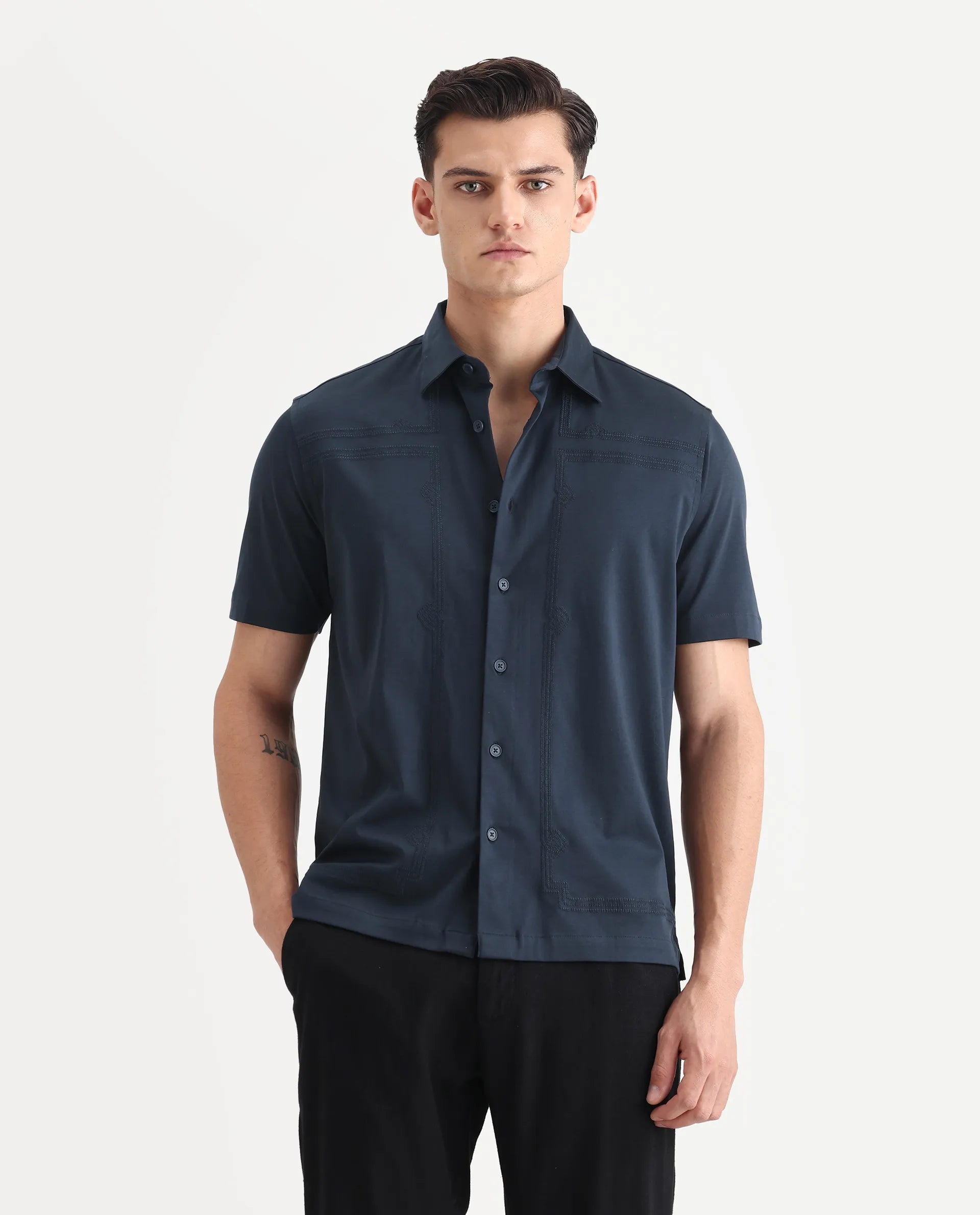 Rare Rabbit Men's Jupi Navy Cotton Fabric Spread Collar Regular Fit Embroidered Shirt
