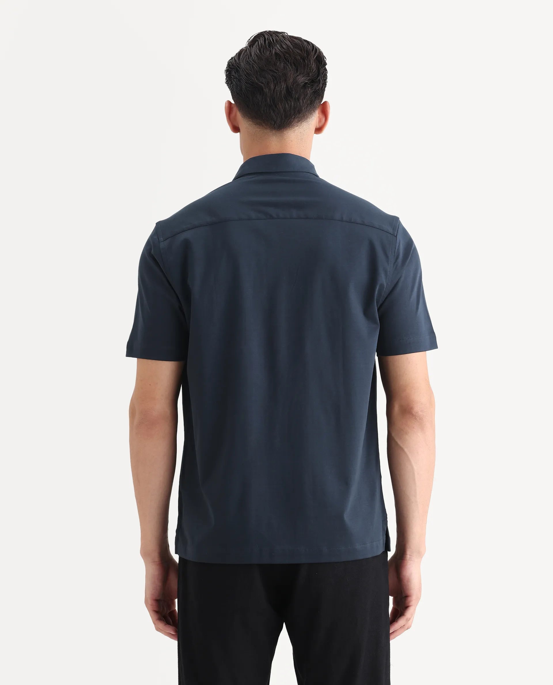 Rare Rabbit Men's Jupi Navy Cotton Fabric Spread Collar Regular Fit Embroidered Shirt
