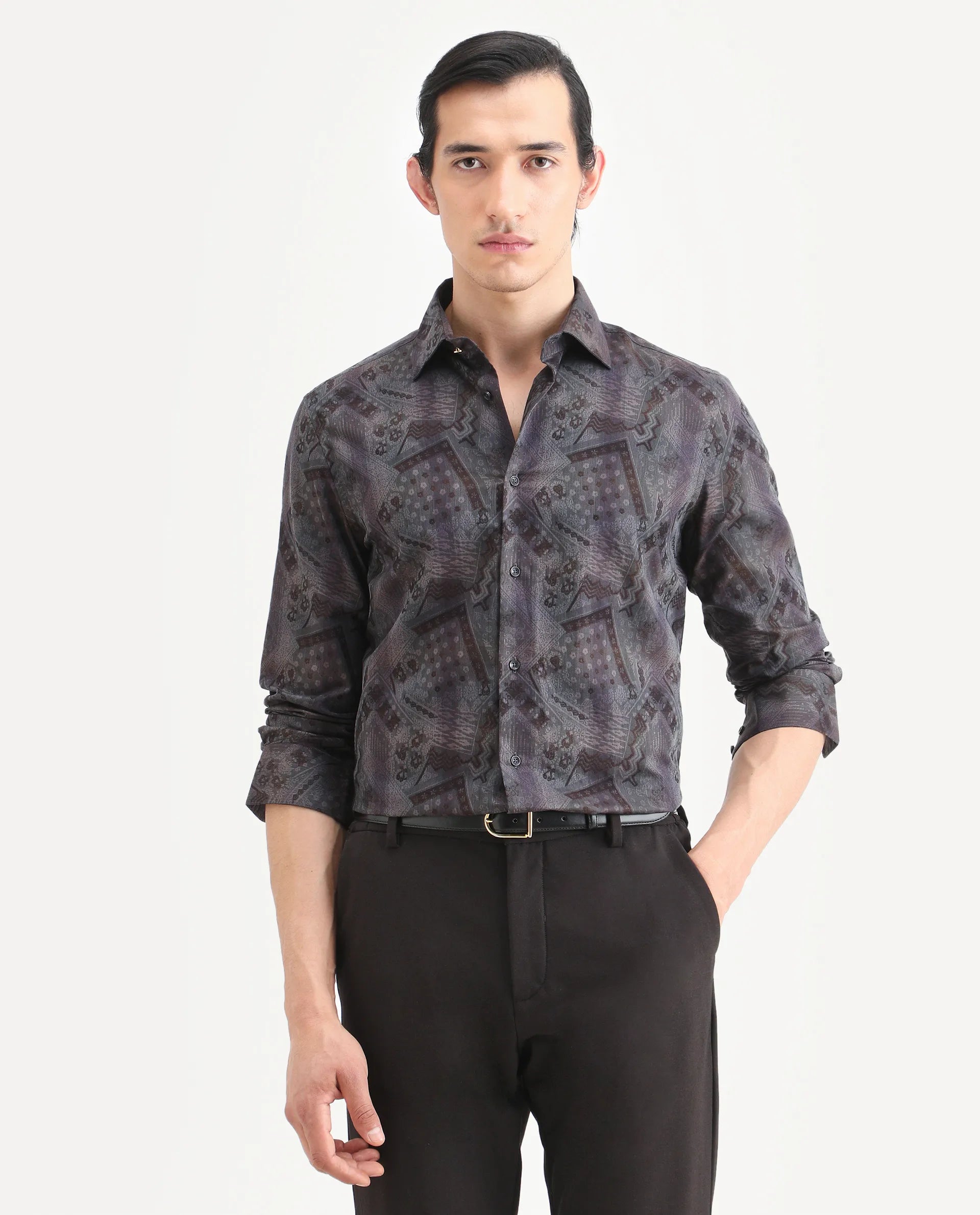Rare Rabbit Men's Drig Purple Cotton Blend Spread Collar Regular Fit Abstract Print Shirt