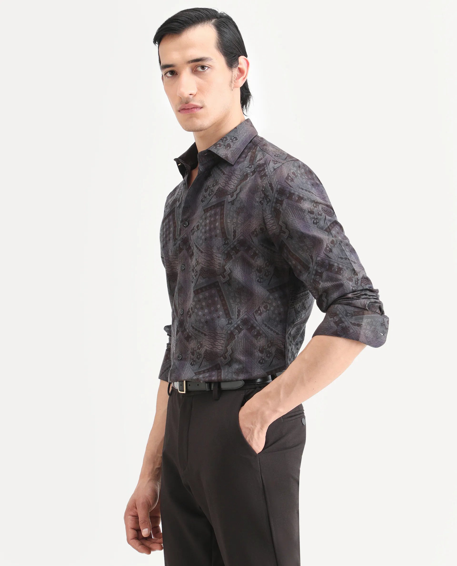 Rare Rabbit Men's Drig Purple Cotton Blend Spread Collar Regular Fit Abstract Print Shirt
