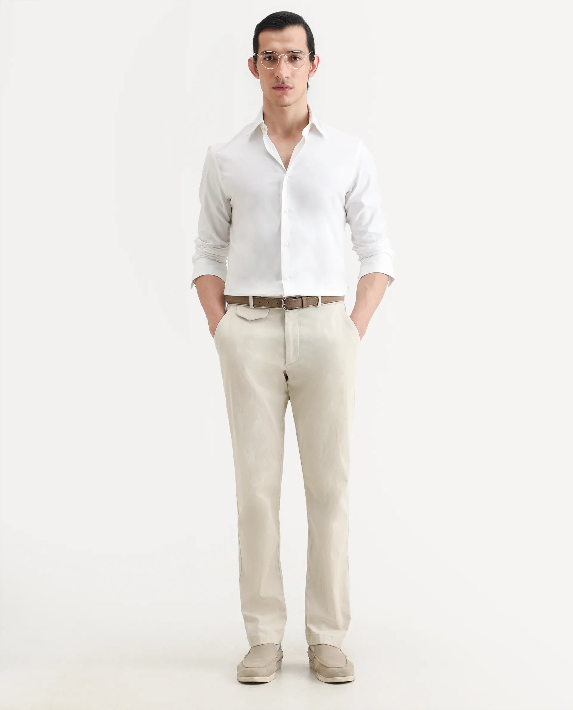 Rare Rabbit Men's Bliv White Cotton Spread Collar Regular Fit Plain Shirt