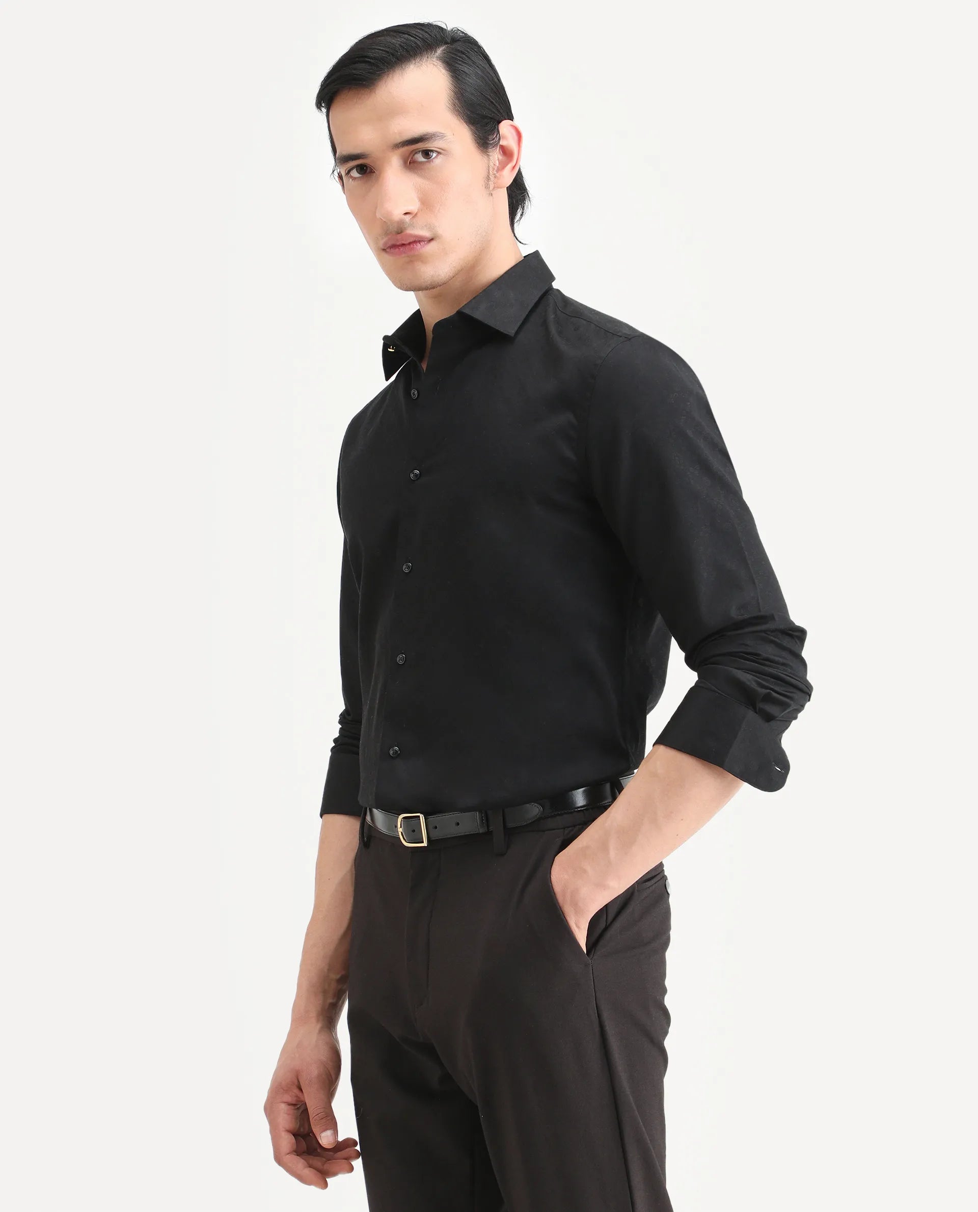 Rare Rabbit Men's Klut Black Cotton Blend Fabric Spread Collar Regular Fit Jacquard Shirt