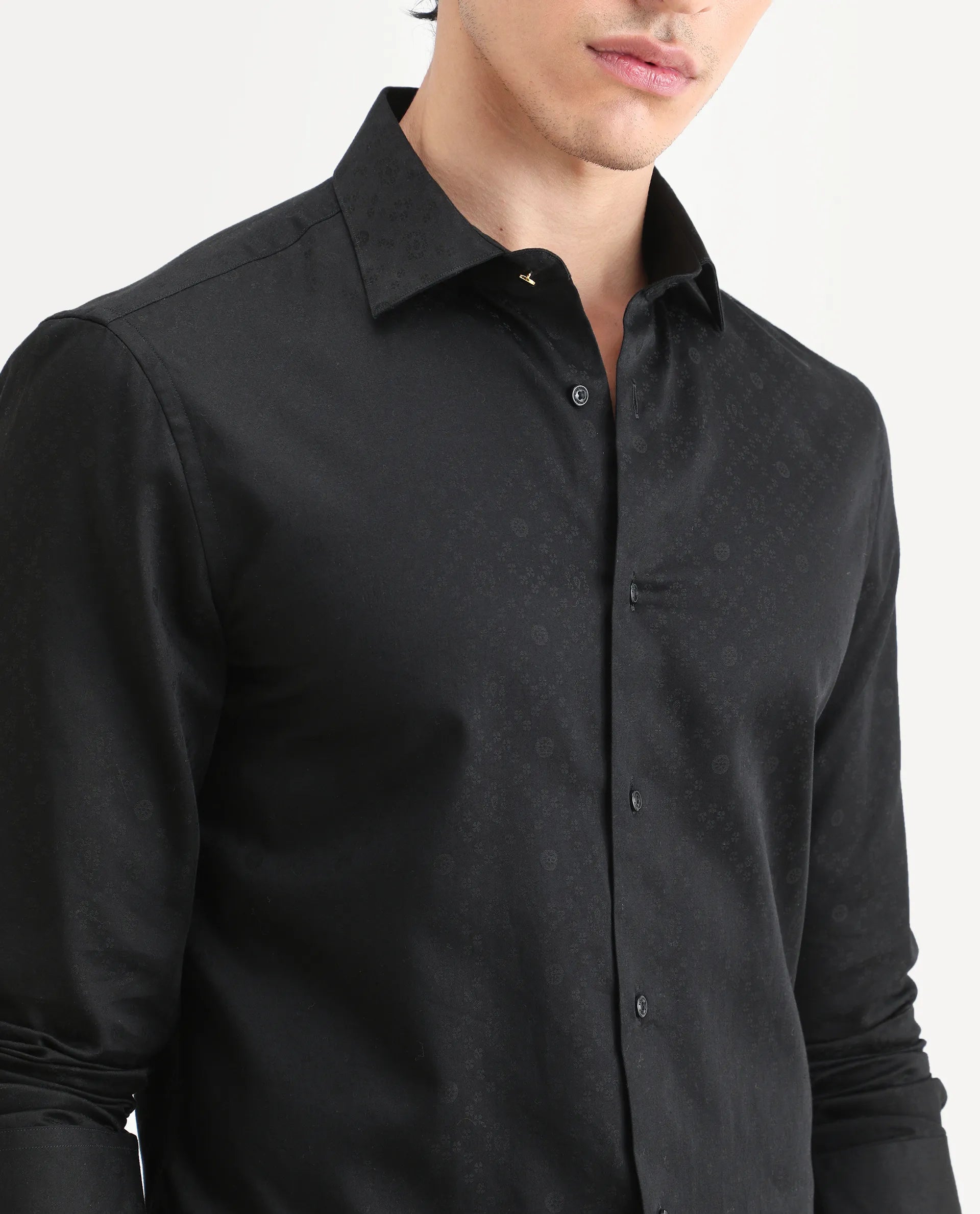 Rare Rabbit Men's Klut Black Cotton Blend Fabric Spread Collar Regular Fit Jacquard Shirt