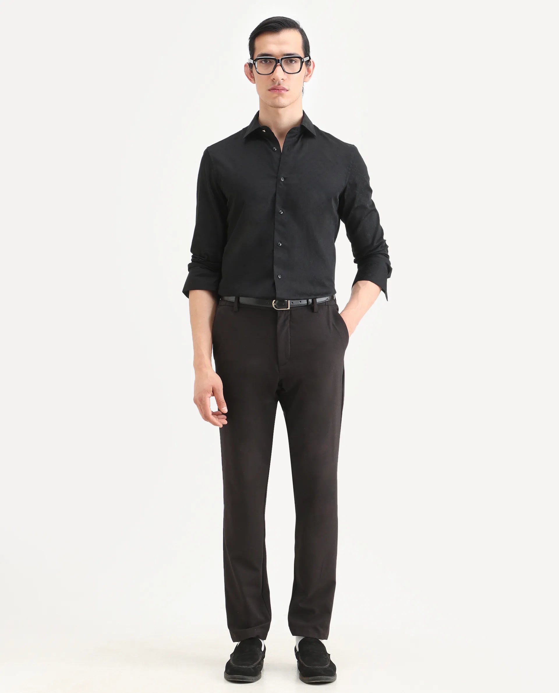 Rare Rabbit Men's Klut Black Cotton Blend Fabric Spread Collar Regular Fit Jacquard Shirt