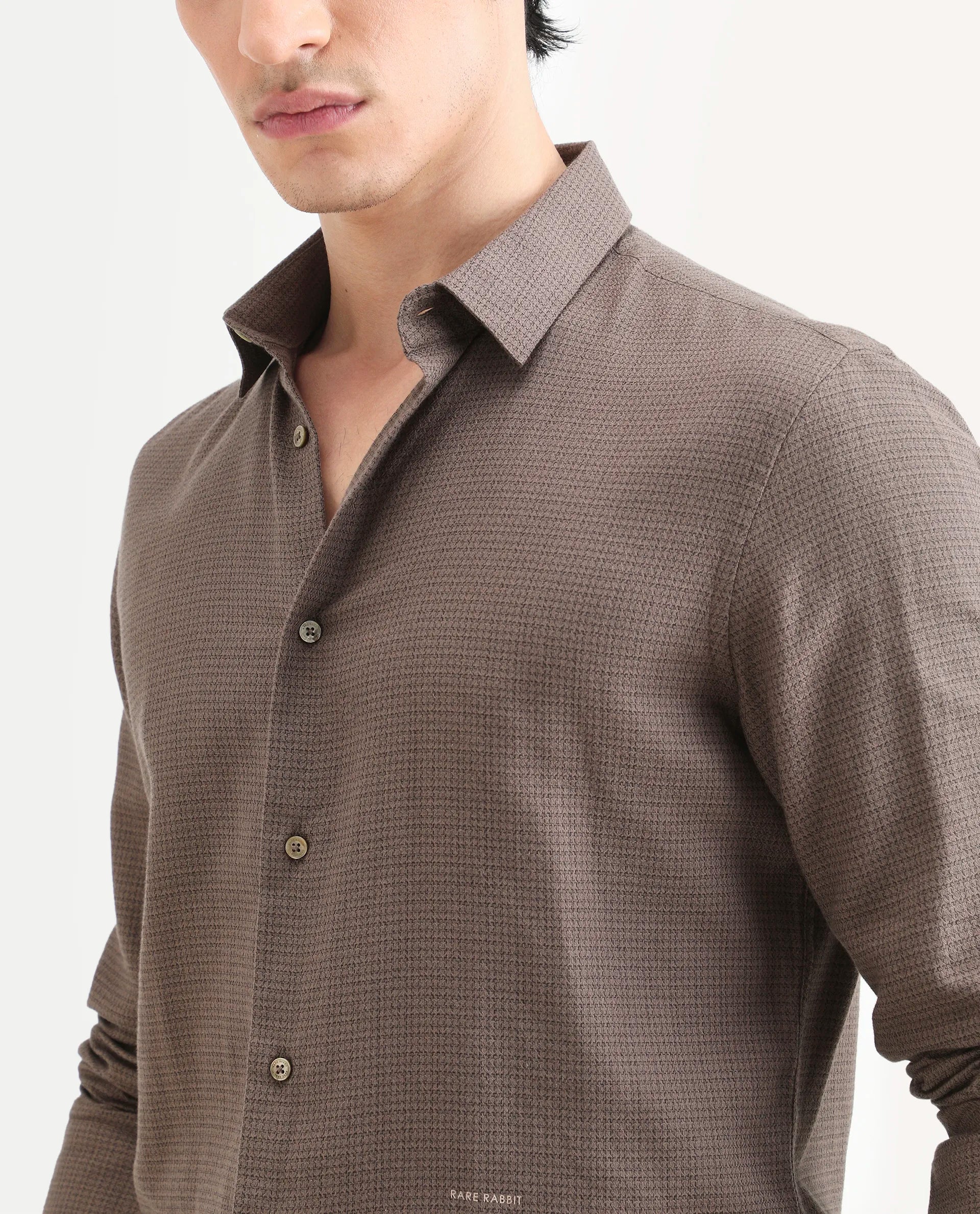 Rare Rabbit Men's Zail Brown Cotton Fabric Spread Collar Regular Fit Textured Shirt