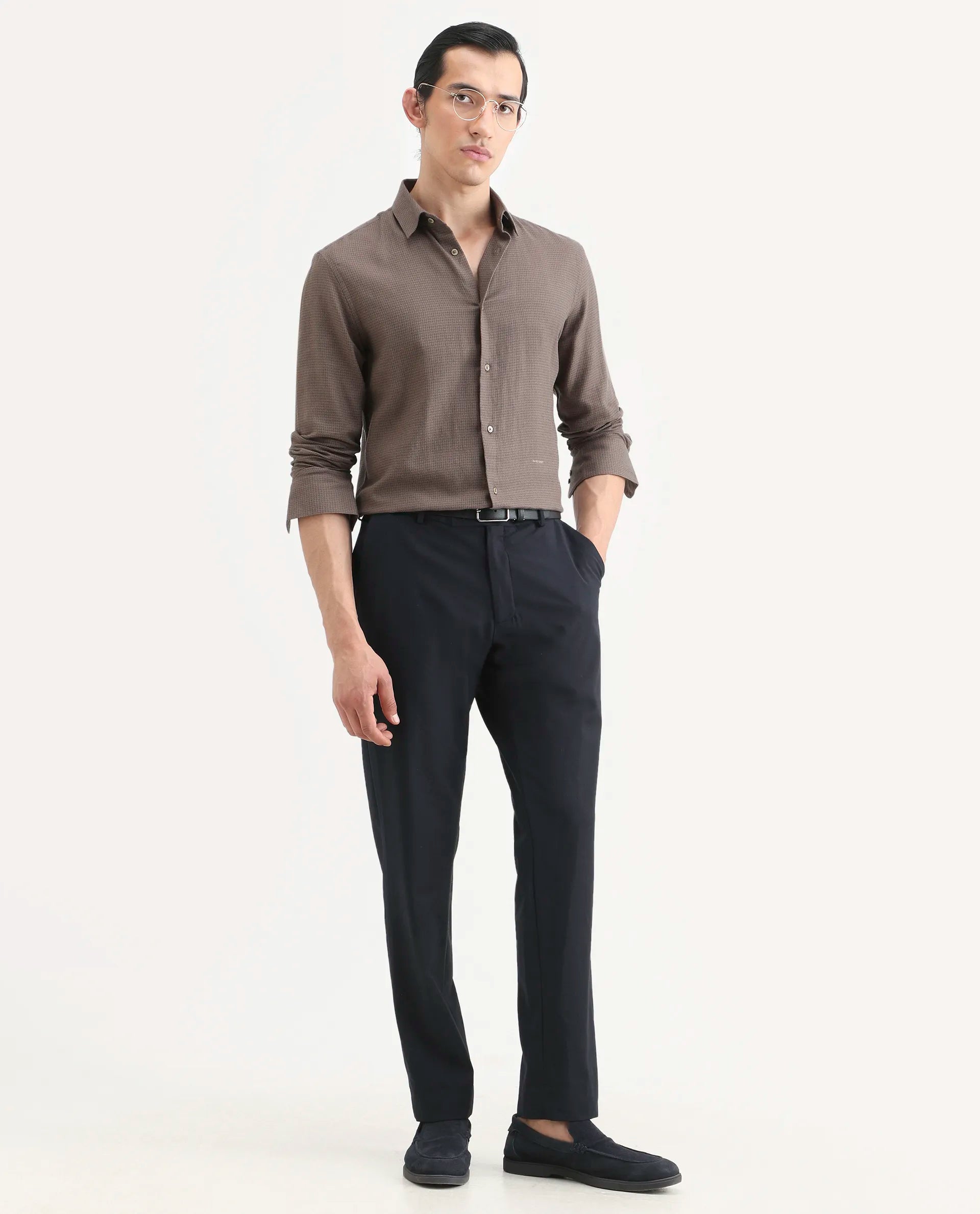 Rare Rabbit Men's Zail Brown Cotton Fabric Spread Collar Regular Fit Textured Shirt