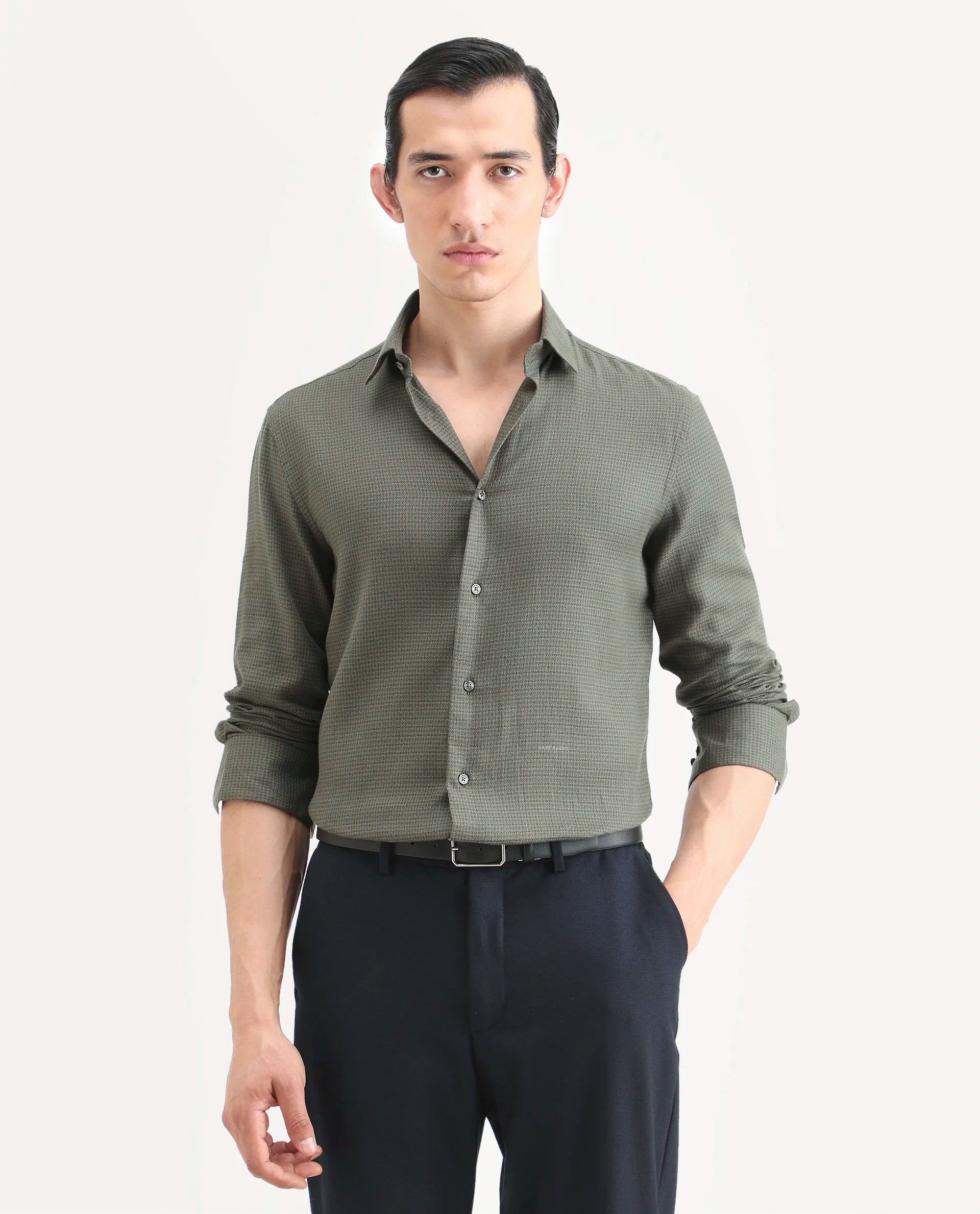 Rare Rabbit Men's Zail Green Cotton Fabric Spread Collar Regular Fit Textured Shirt