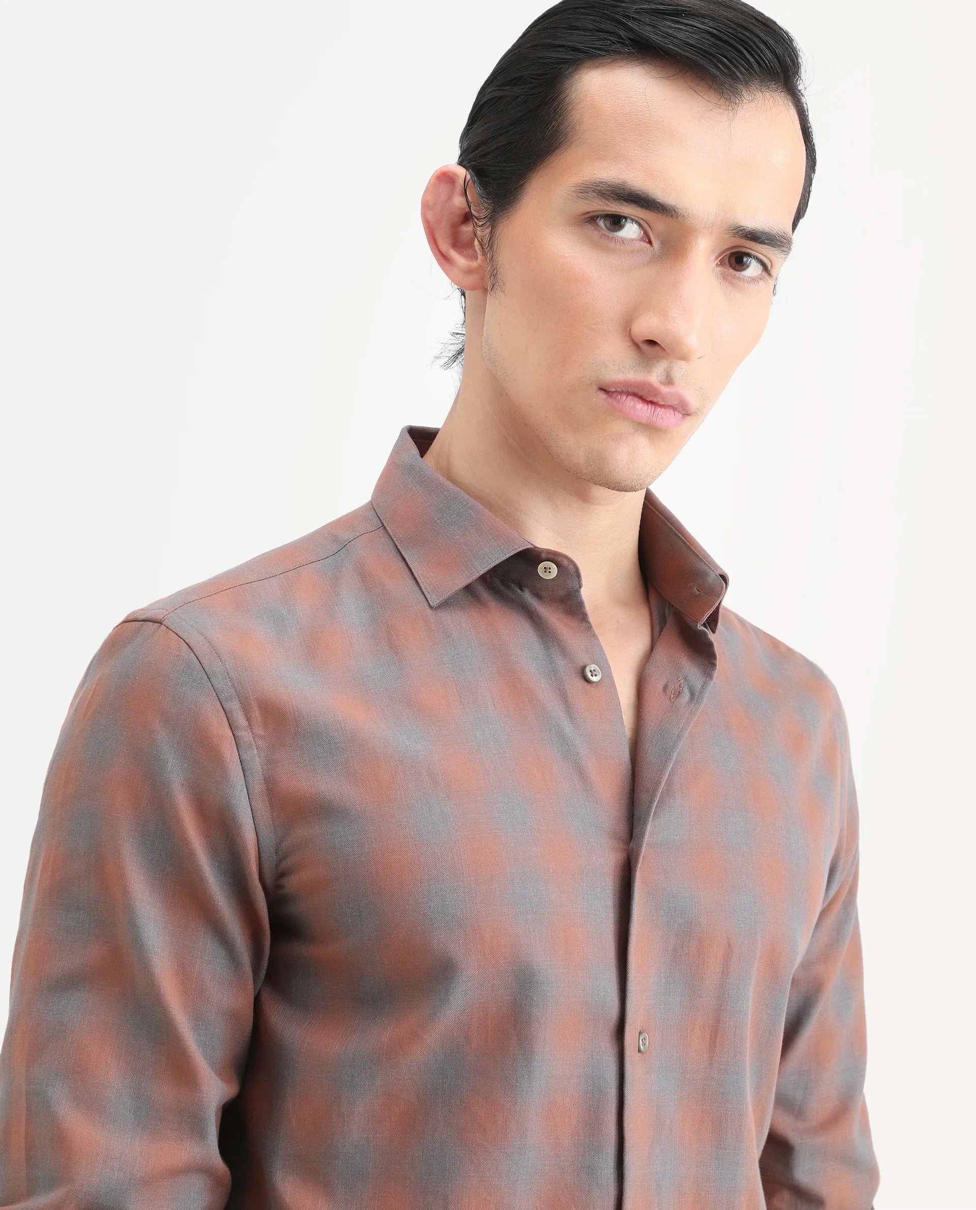 Rare Rabbit Men's Movo Dusky Rust Cotton Blend Checked Print Regular Fit Full Sleeve Collared Shirt