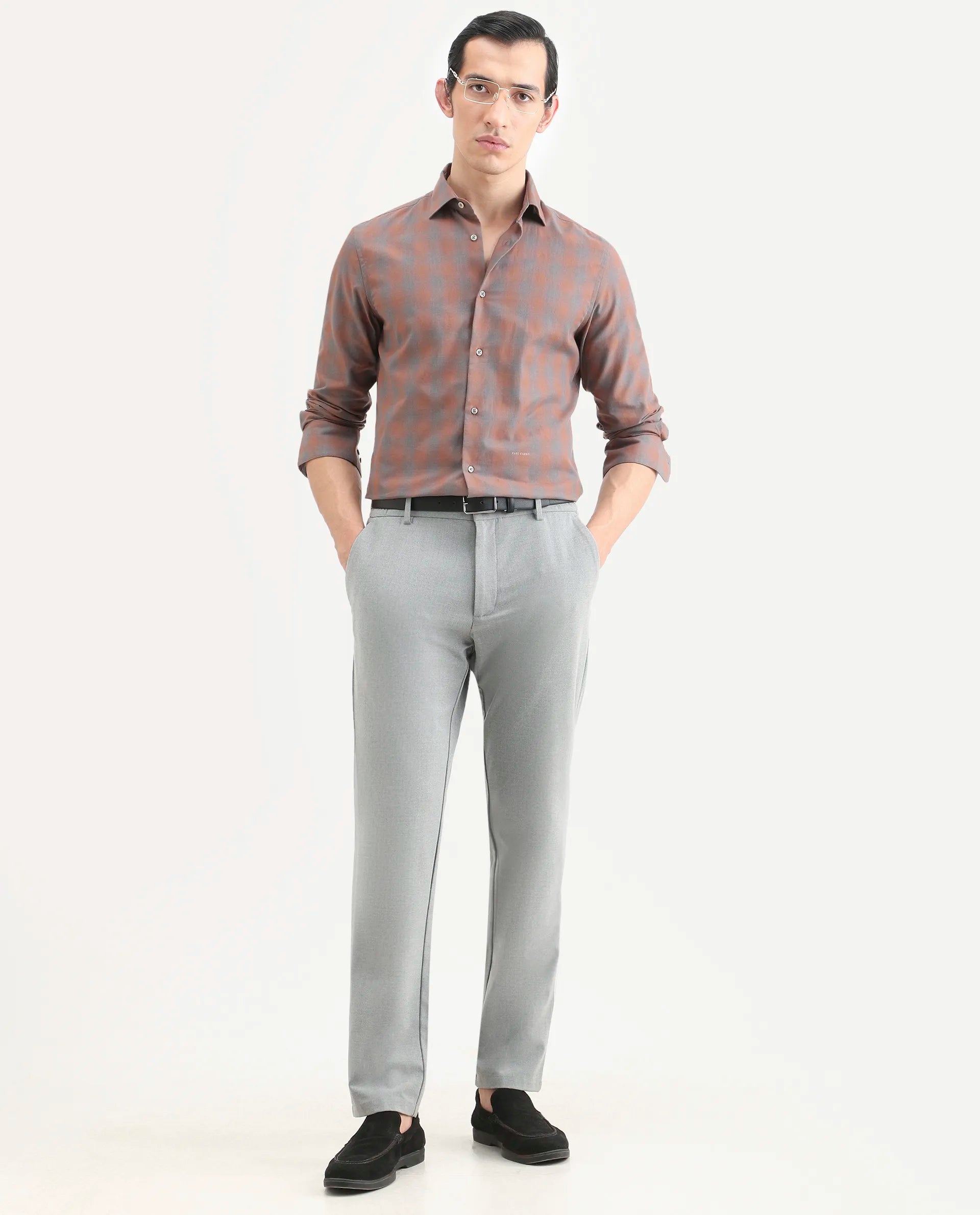 Rare Rabbit Men's Movo Dusky Rust Cotton Blend Checked Print Regular Fit Full Sleeve Collared Shirt