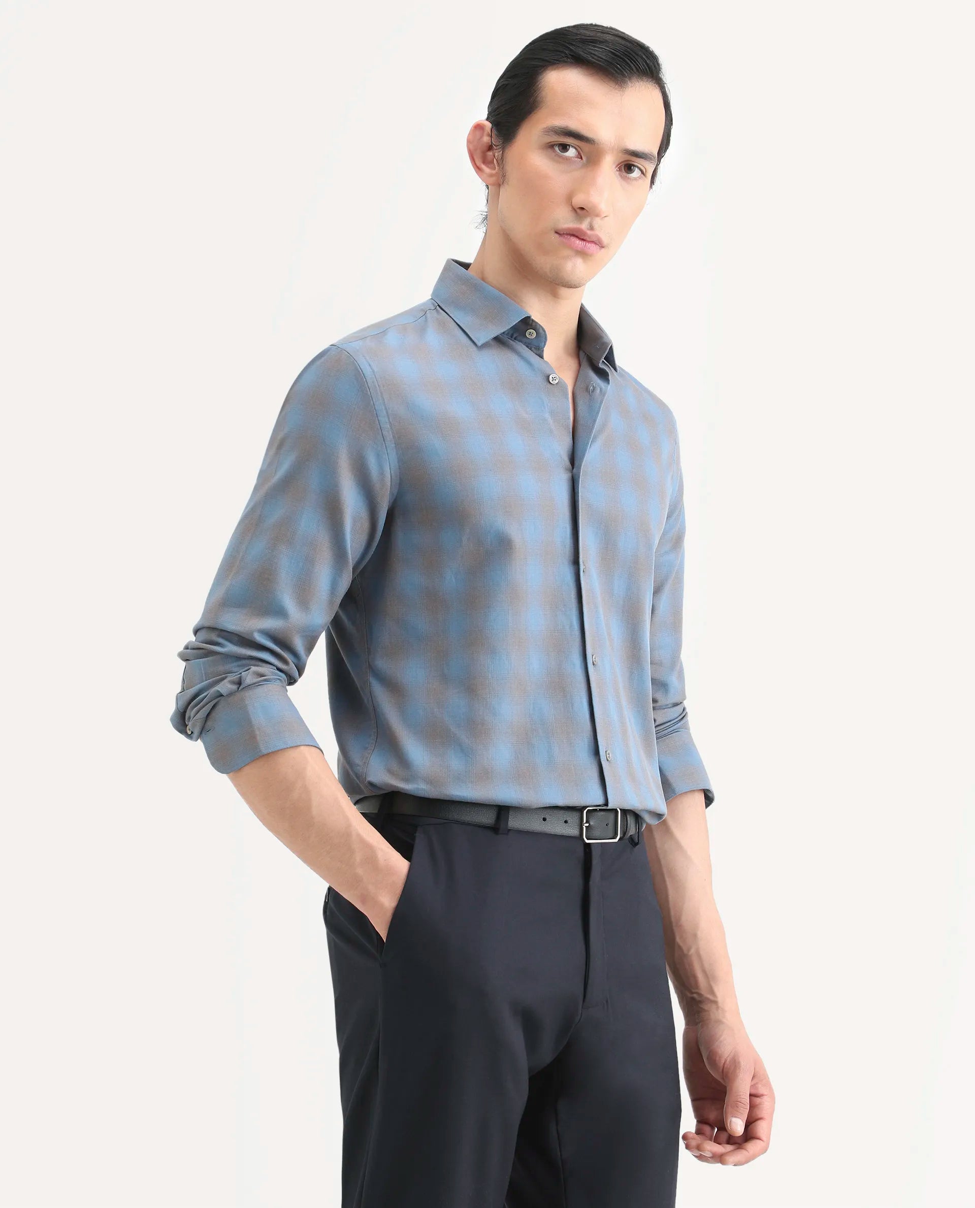 Rare Rabbit Men's Movo Dusky Blue Cotton Blend Checked Print Regular Fit Full Sleeve Collared Shirt