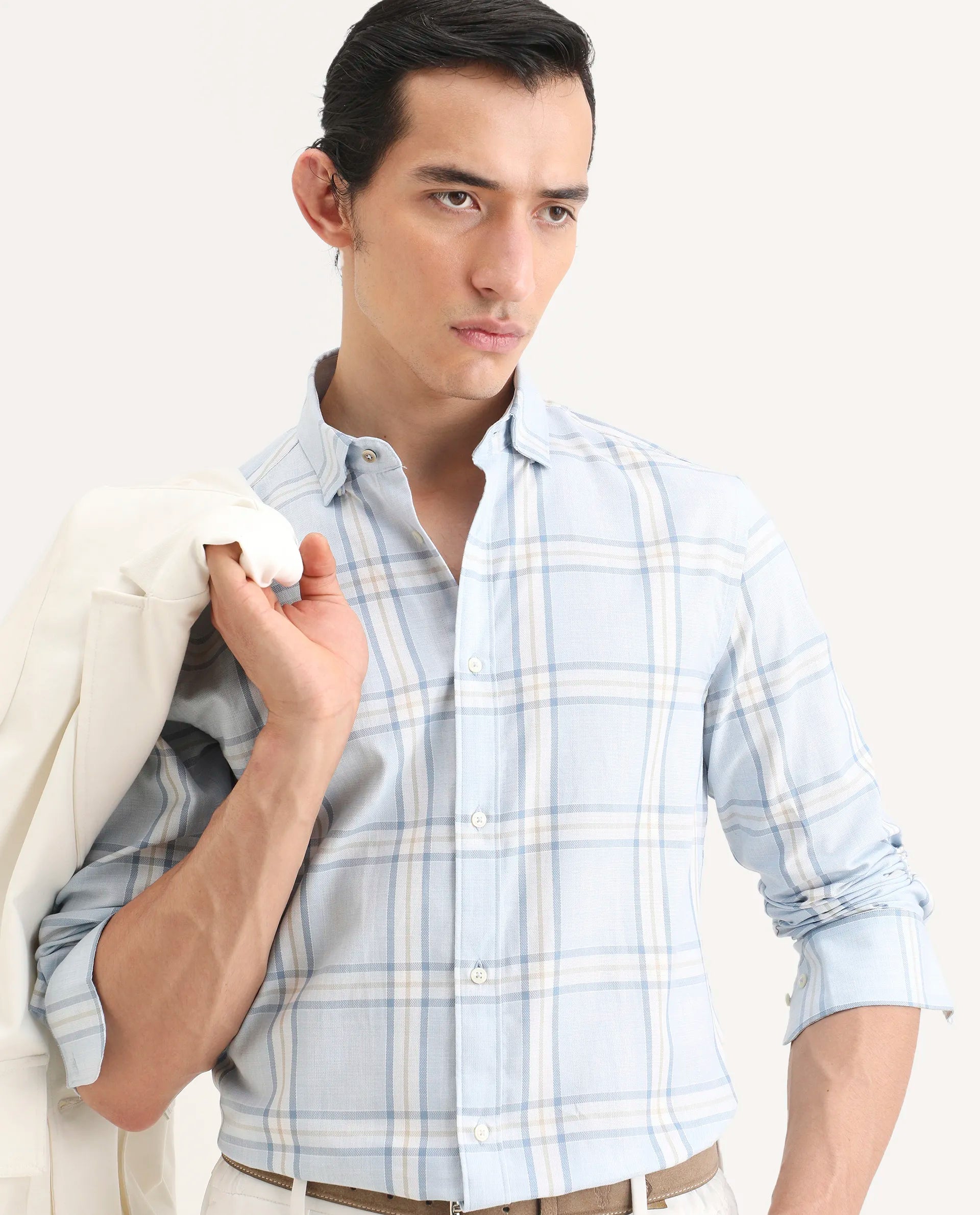 Rare Rabbit Men's Suni Light Blue Cotton Fabric Collared Neck Regular Checked Shirt