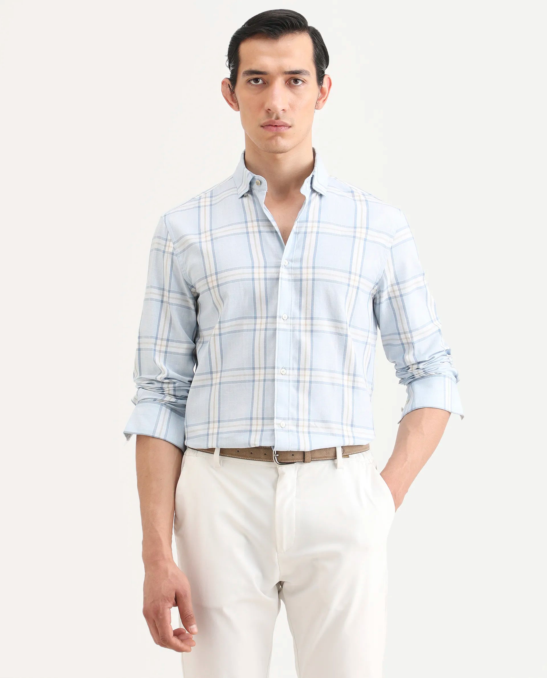 Rare Rabbit Men's Suni Light Blue Cotton Fabric Collared Neck Regular Checked Shirt