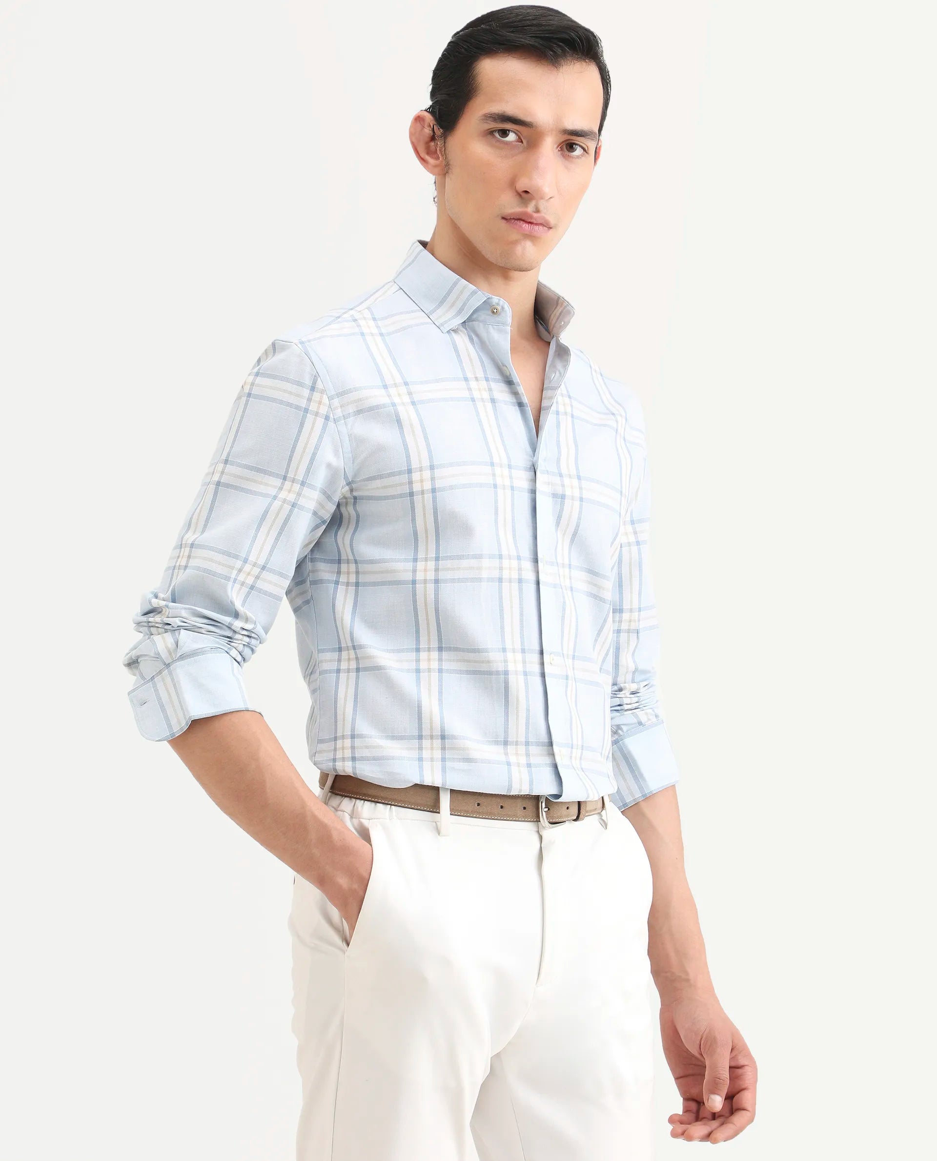 Rare Rabbit Men's Suni Light Blue Cotton Fabric Collared Neck Regular Checked Shirt