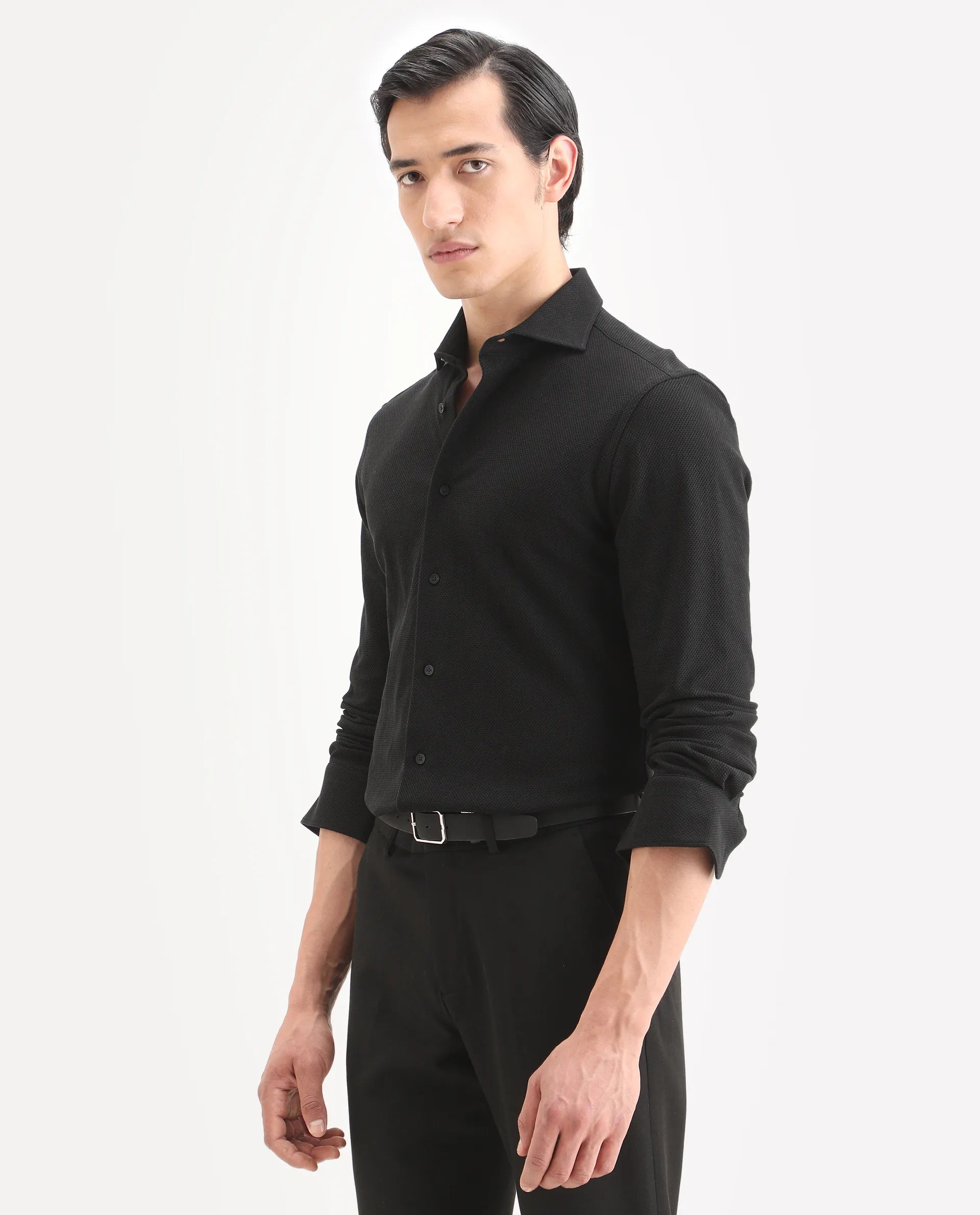 Rare Rabbit Men's Venziya-25 Black Cotton Fabric Spread Collar Regular Fit Textured Shirt