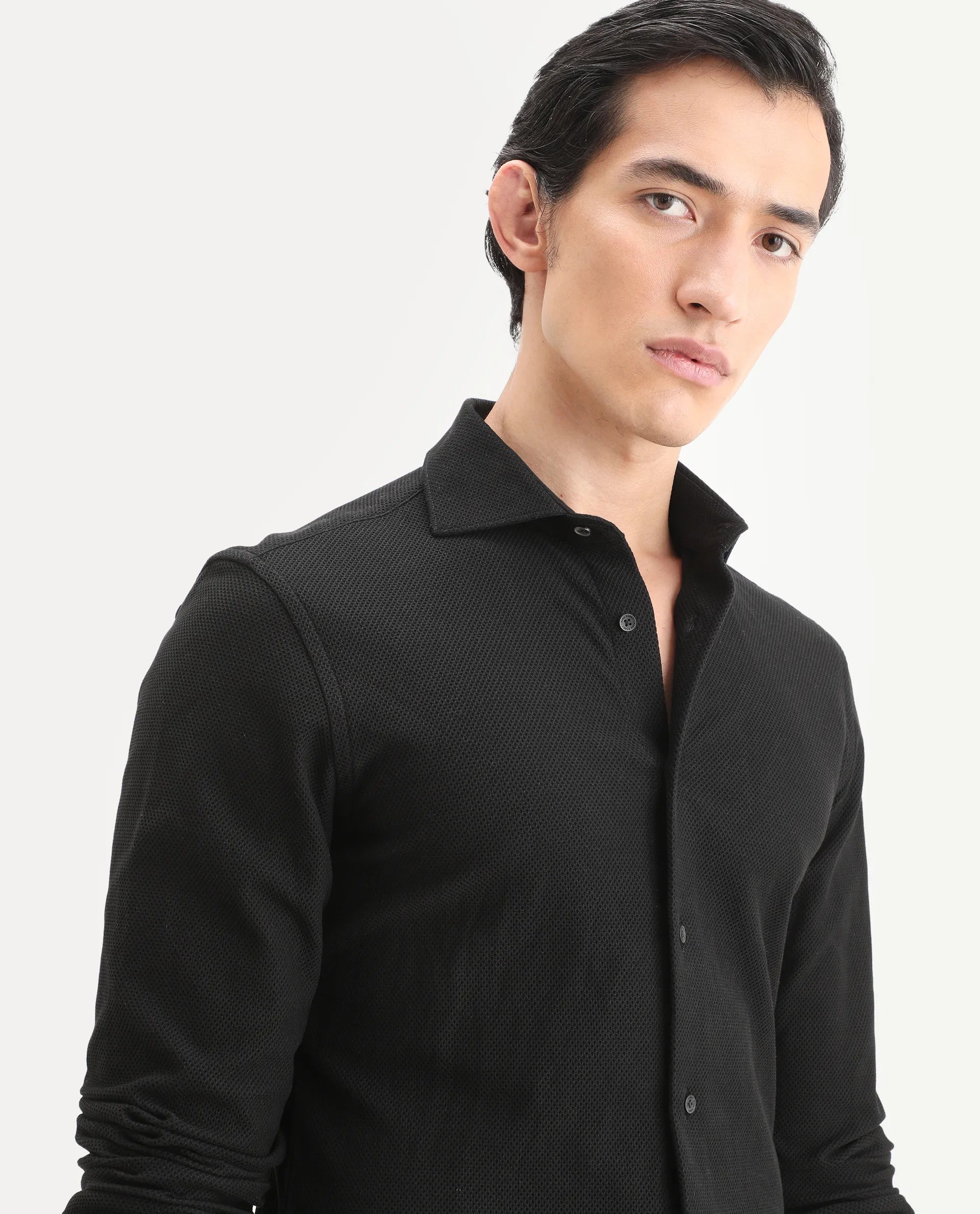 Rare Rabbit Men's Venziya-25 Black Cotton Fabric Spread Collar Regular Fit Textured Shirt