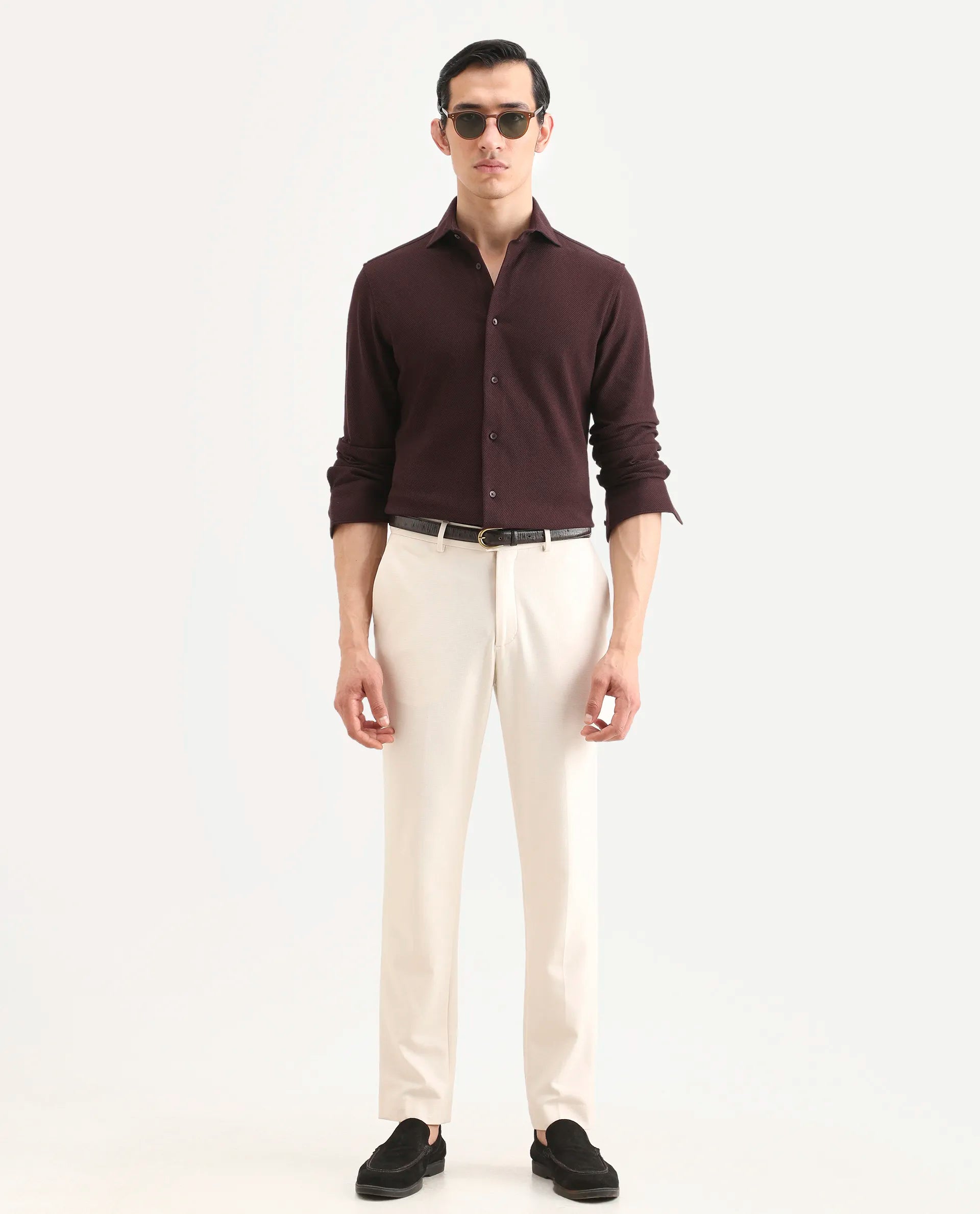 Rare Rabbit Men's Venziya-25 Dark Maroon Cotton Fabric Spread Collar Regular Fit Textured Shirt