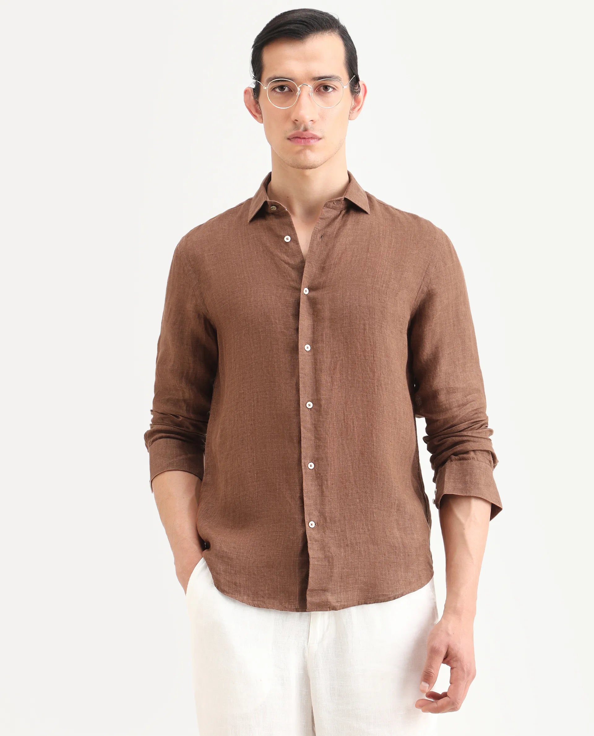 Rare Rabbit Men's Borium-25 Brown 100% Linen Fabric Spread Collar Regular Fit Plain Shirt