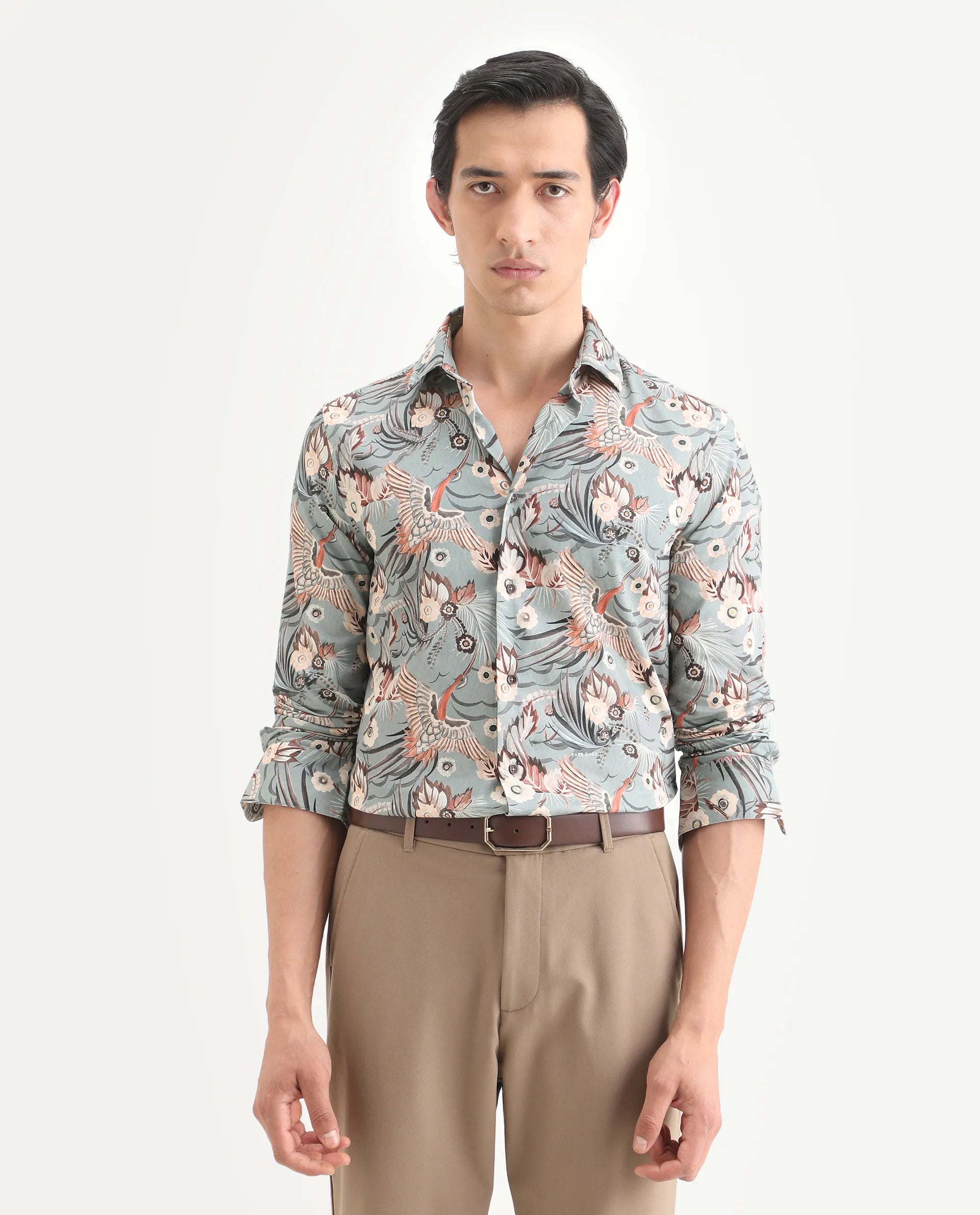 Rare Rabbit Men's Yori Dusky Green Cotton Fabric Collared Neck Regular Printed Shirt
