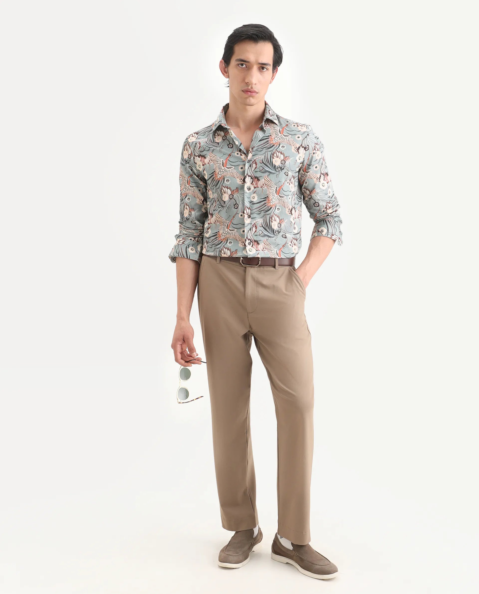 Rare Rabbit Men's Yori Dusky Green Cotton Fabric Collared Neck Regular Printed Shirt