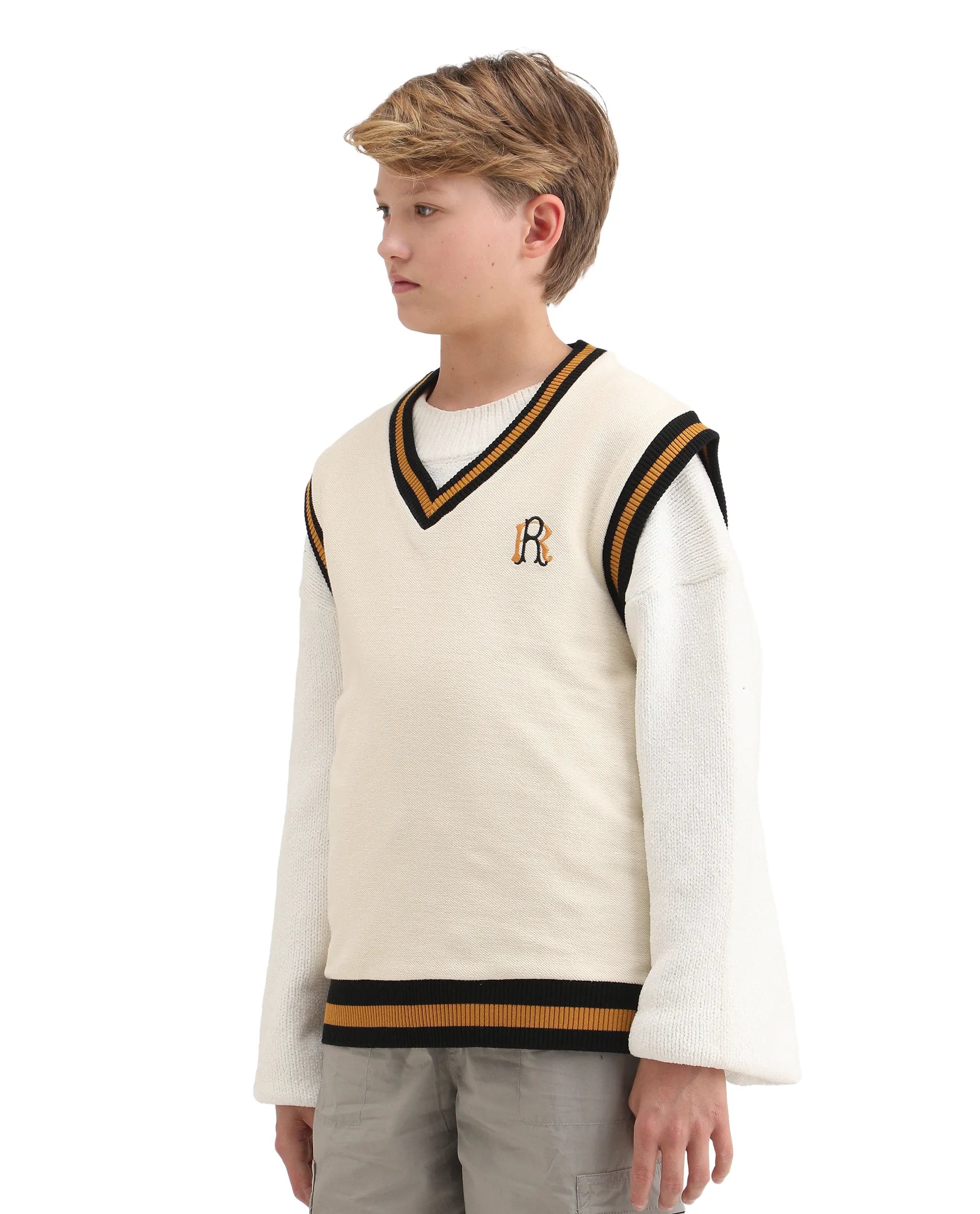 Rare Ones Kids Half Off White Cotton Blend Pull-On Closure Monogram Print Oversized Fit Sweater