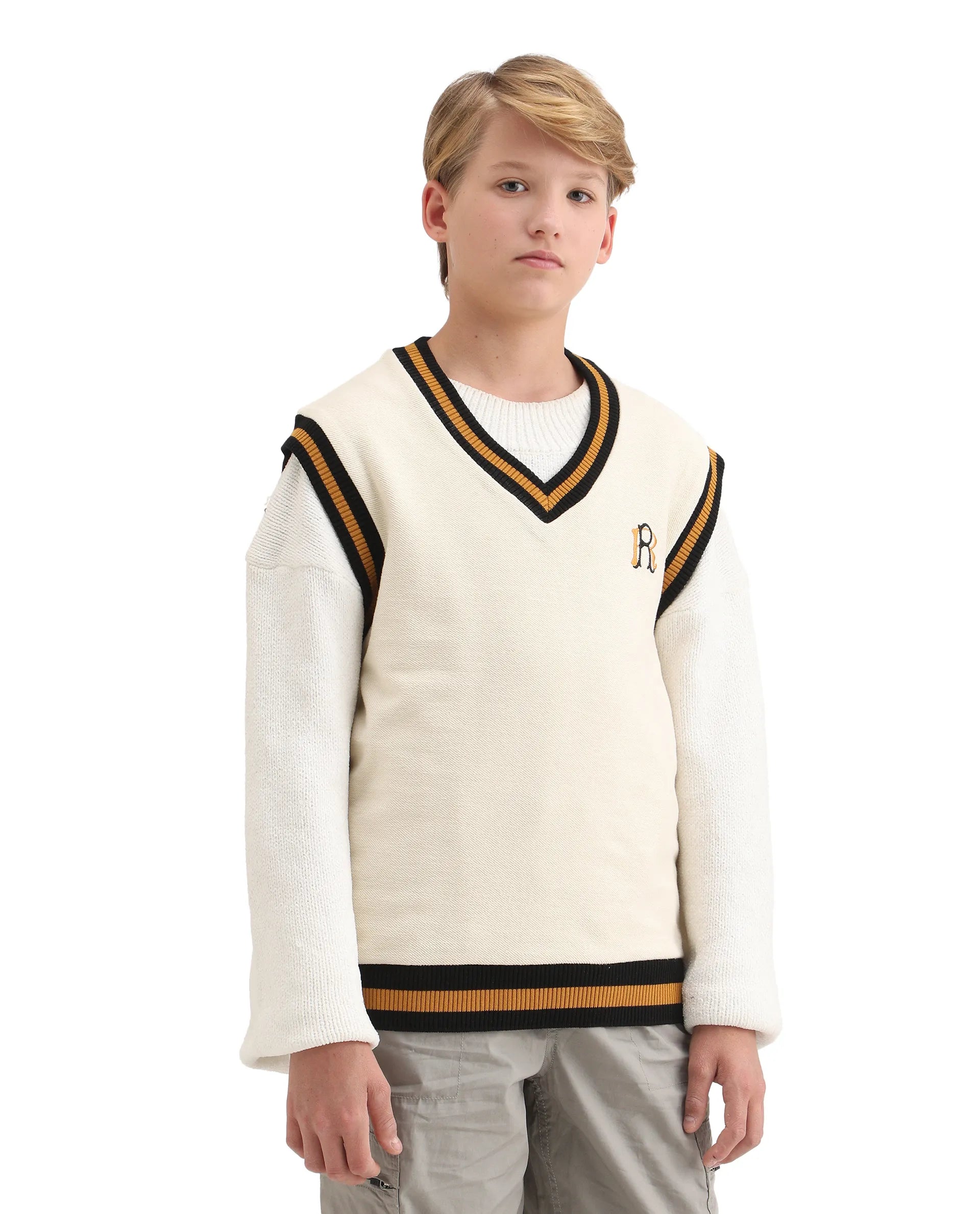 Rare Ones Kids Half Off White Cotton Blend Pull-On Closure Monogram Print Oversized Fit Sweater