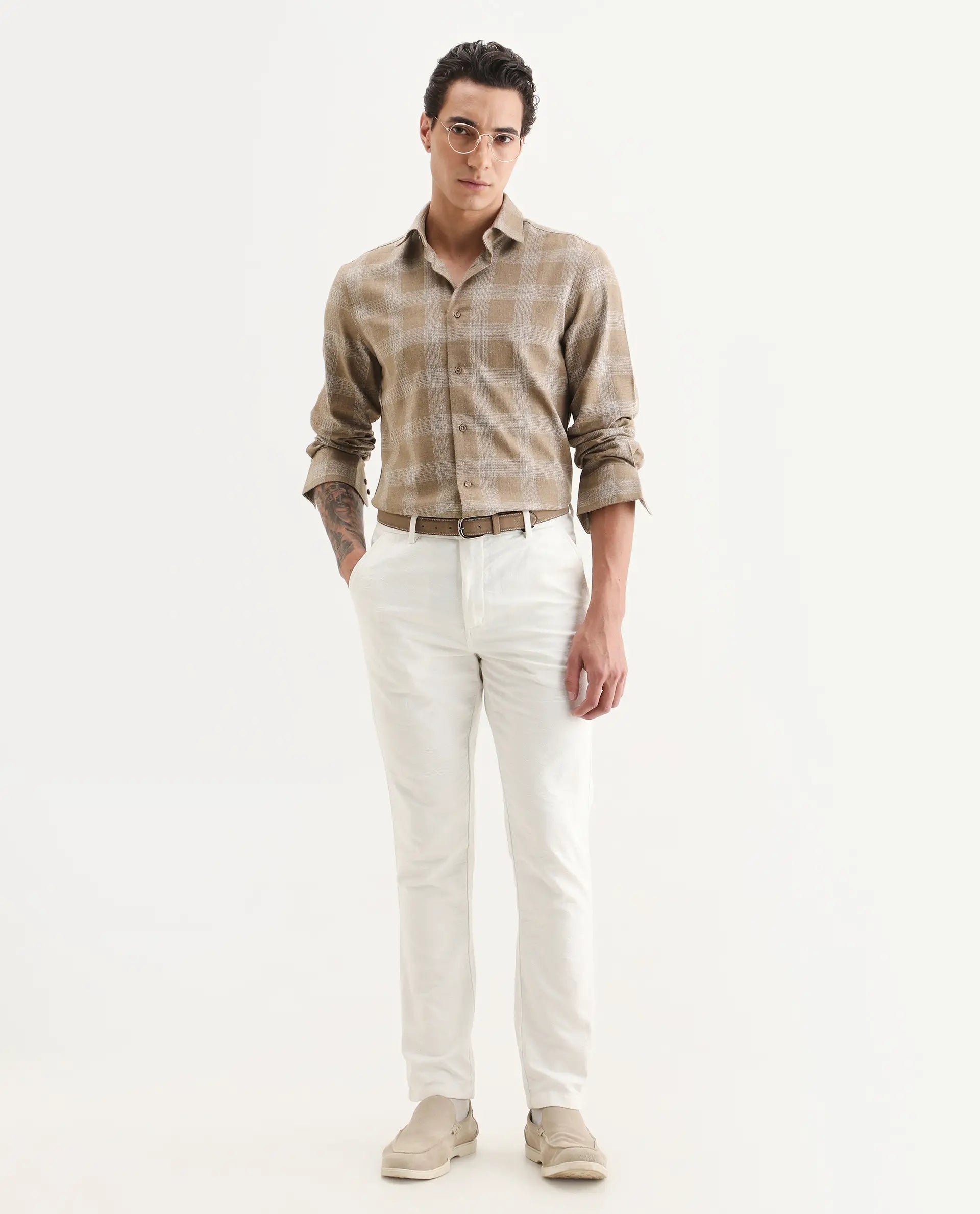 Rare Rabbit Men's Sovie Dark Brown Cotton Blend Fabric Spread Collar Regular Fit Checked Shirt