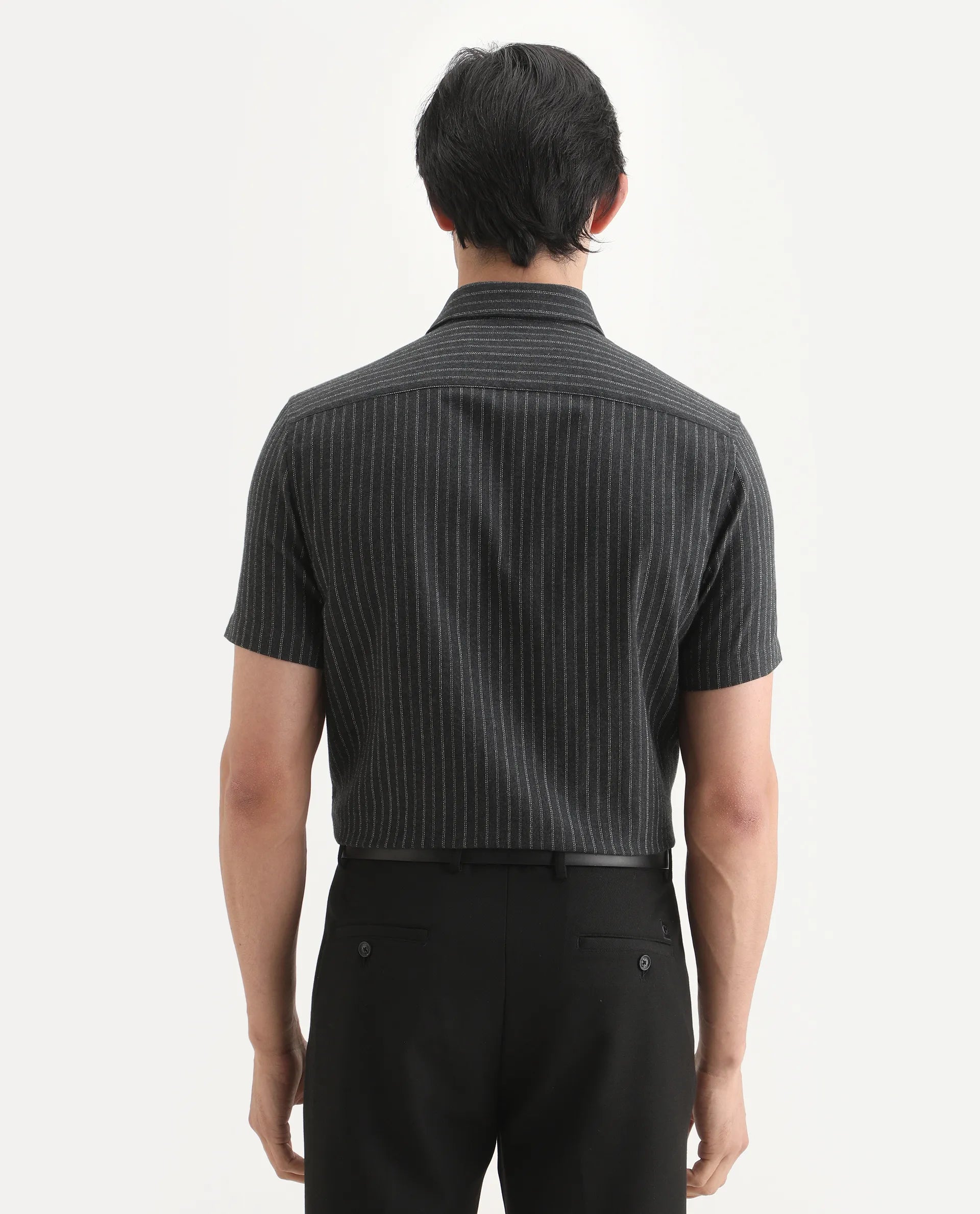 Rare Rabbit Men's Elkie Dark Grey Cotton Blend Fabric Spread Collar Regular Striped Shirt