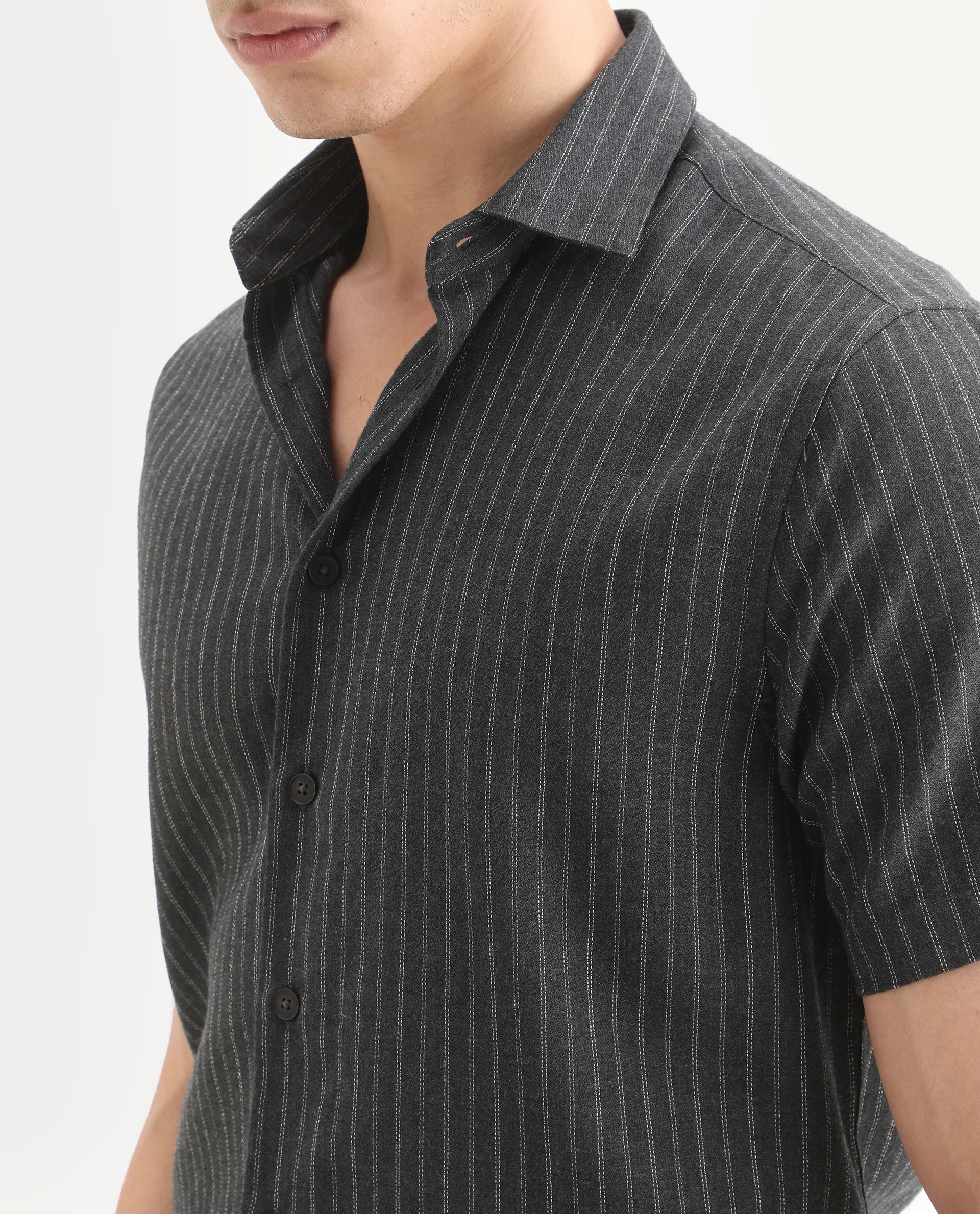 Rare Rabbit Men's Elkie Dark Grey Cotton Blend Fabric Spread Collar Regular Striped Shirt