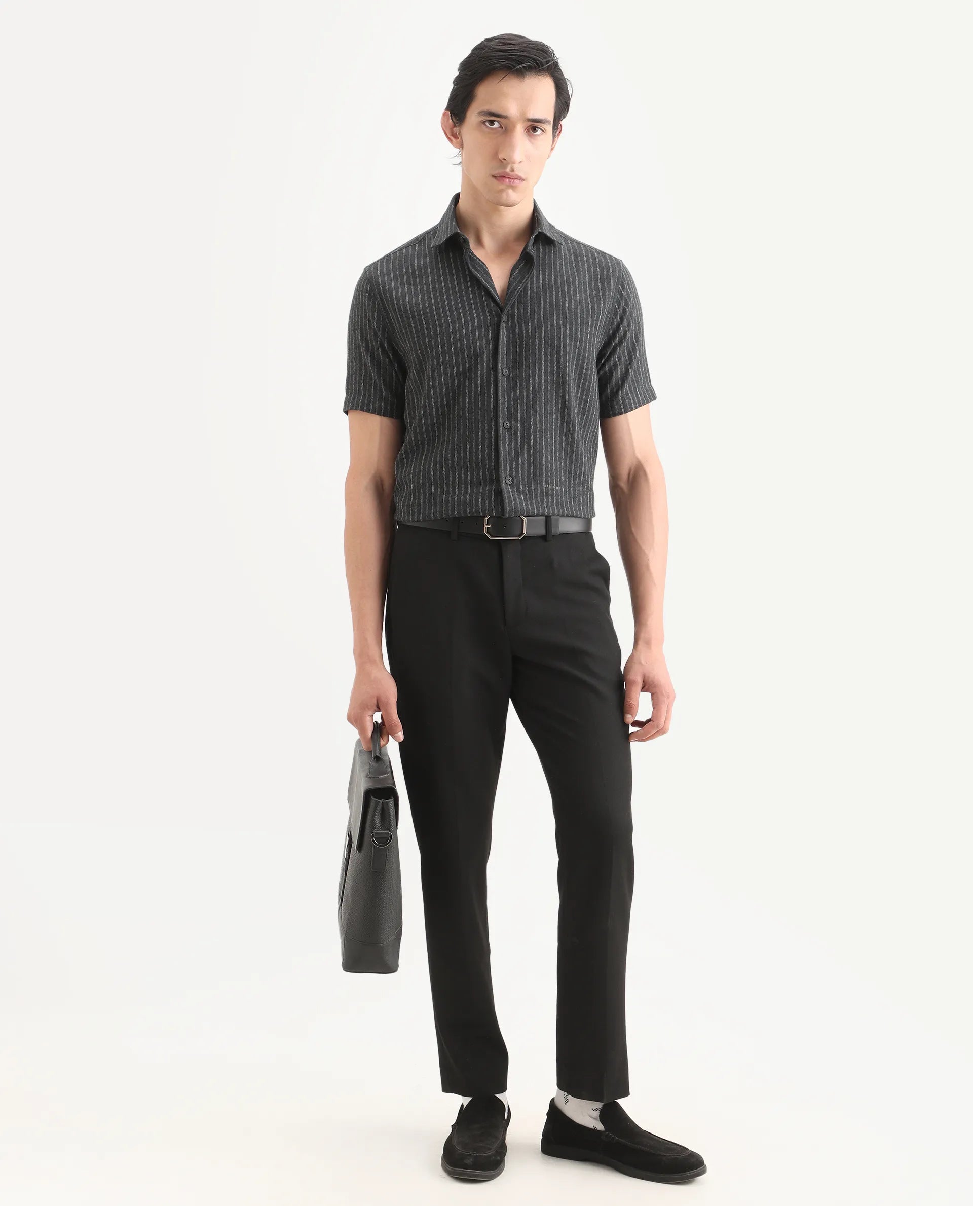 Rare Rabbit Men's Elkie Dark Grey Cotton Blend Fabric Spread Collar Regular Striped Shirt