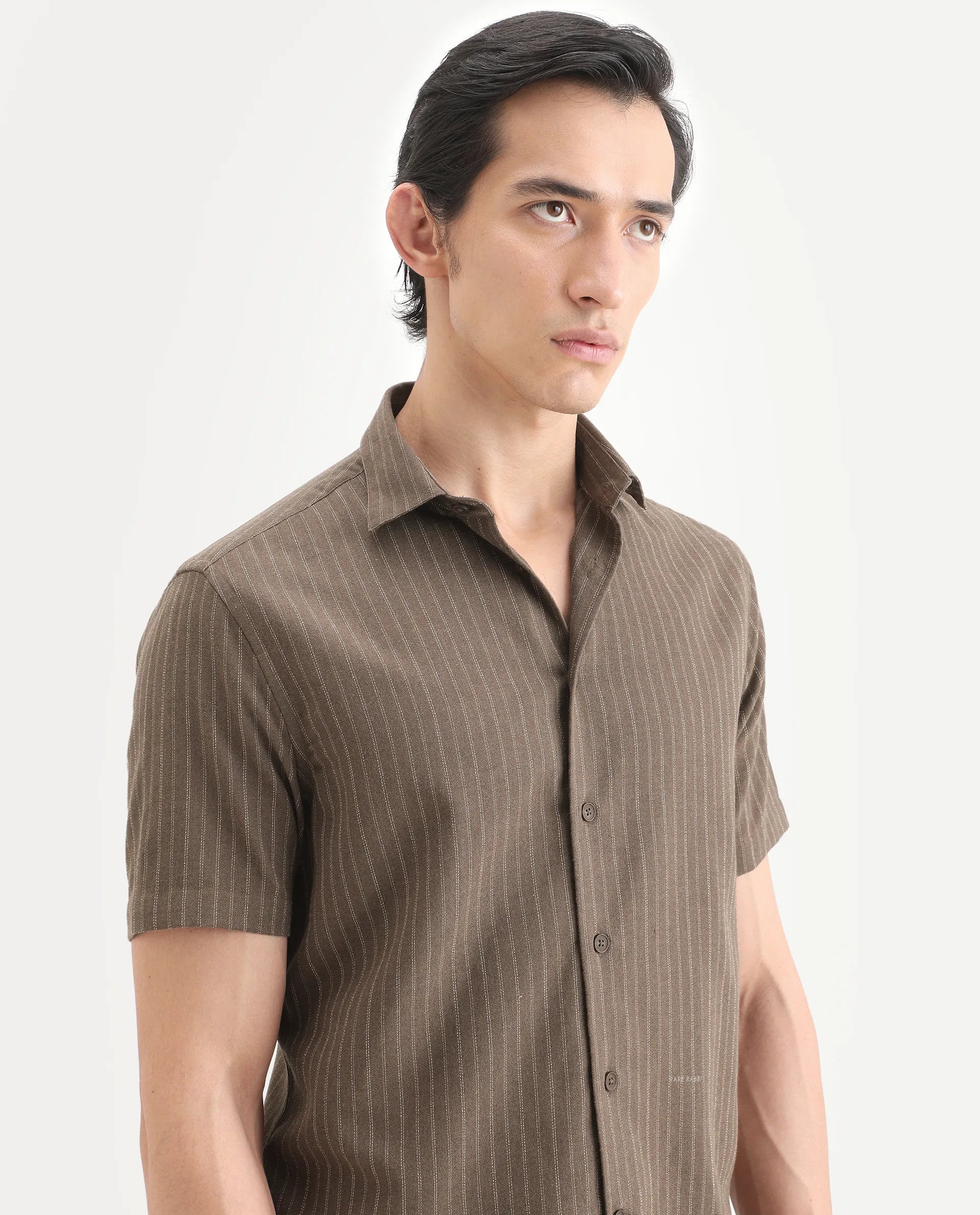 Rare Rabbit Men's Elkie Brown Cotton Blend Fabric Spread Collar Regular Striped Shirt