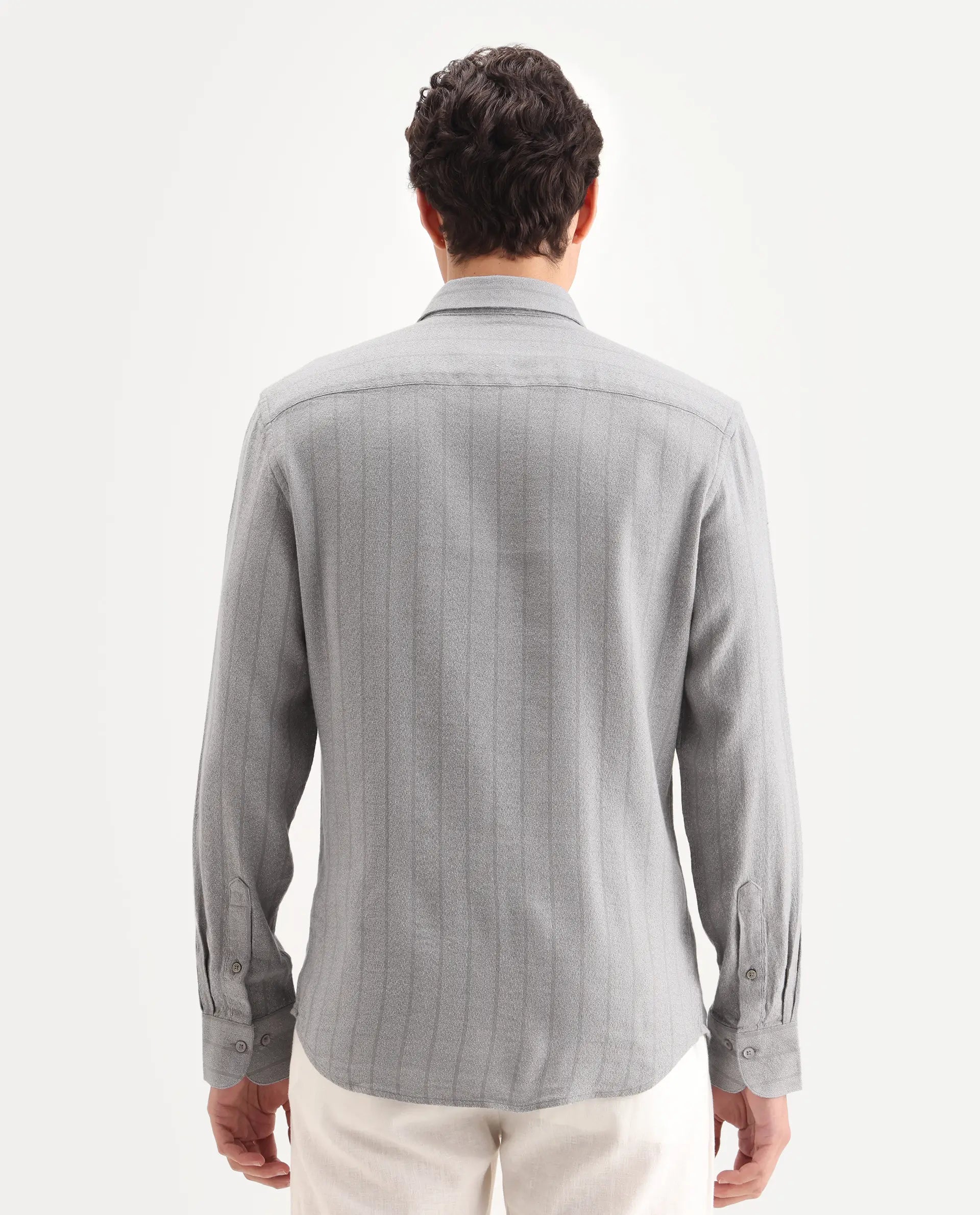 Rare Rabbit Men's Vico Grey Cotton Blend Fabric Spread Collar Regular Striped Shirt