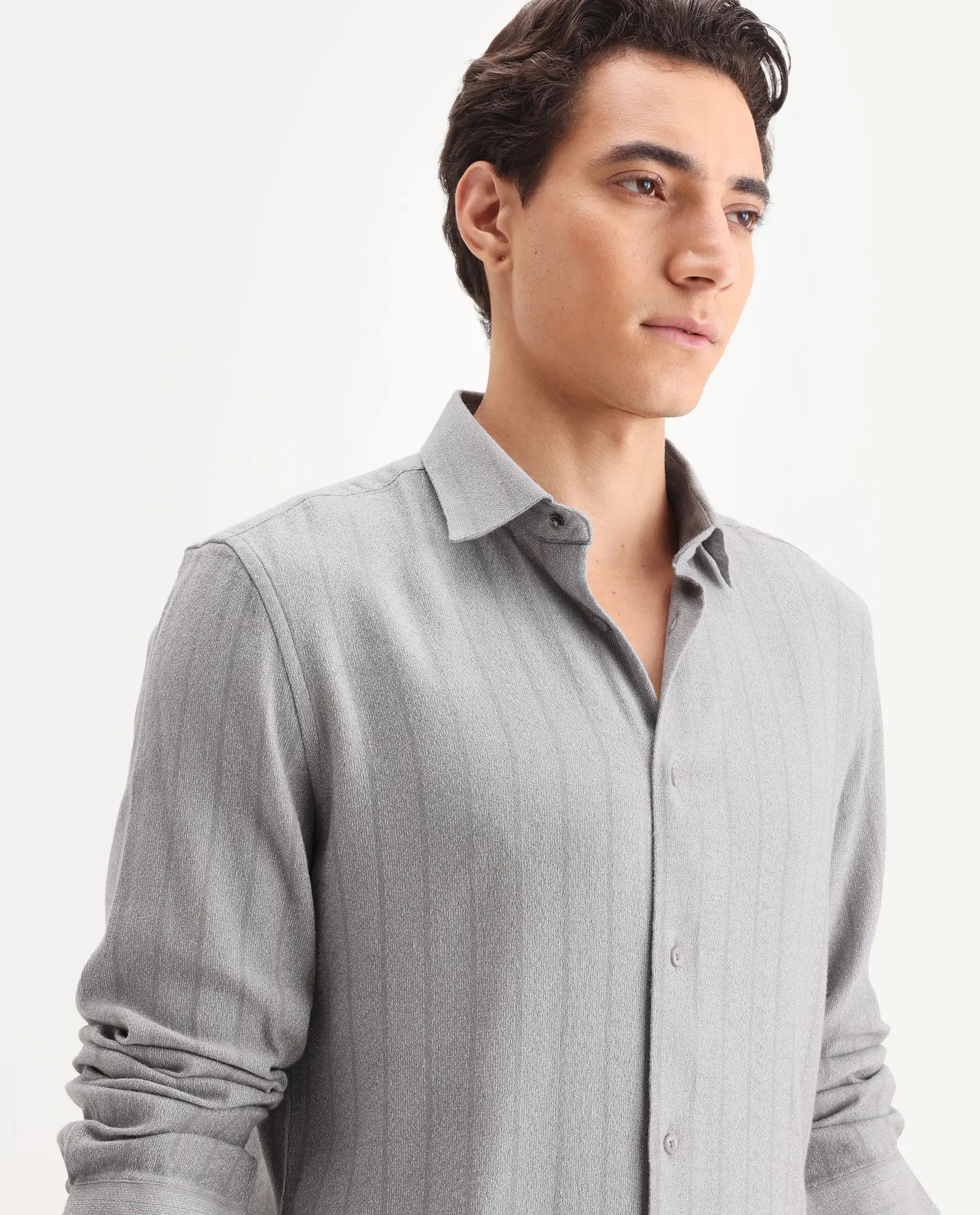 Rare Rabbit Men's Vico Grey Cotton Blend Fabric Spread Collar Regular Striped Shirt
