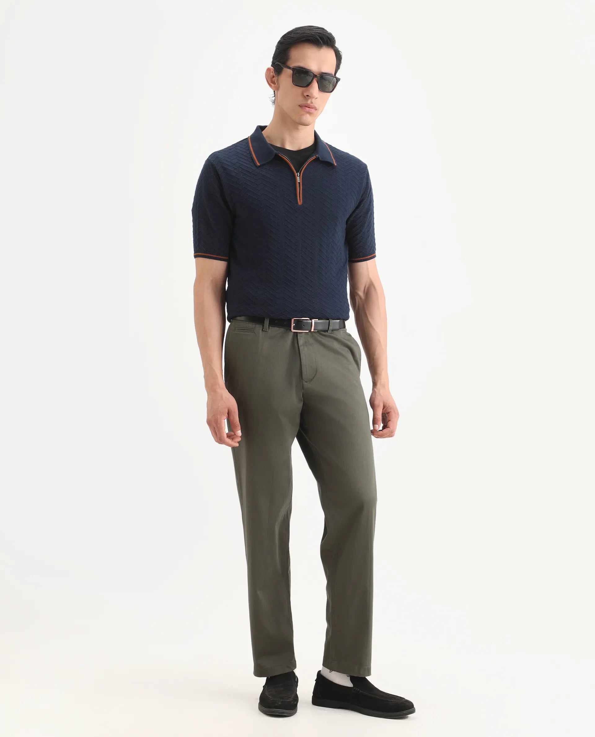 Rare Rabbit Men's Parga Olive Cotton Blend Fabric Regular Fit Plain Trouser