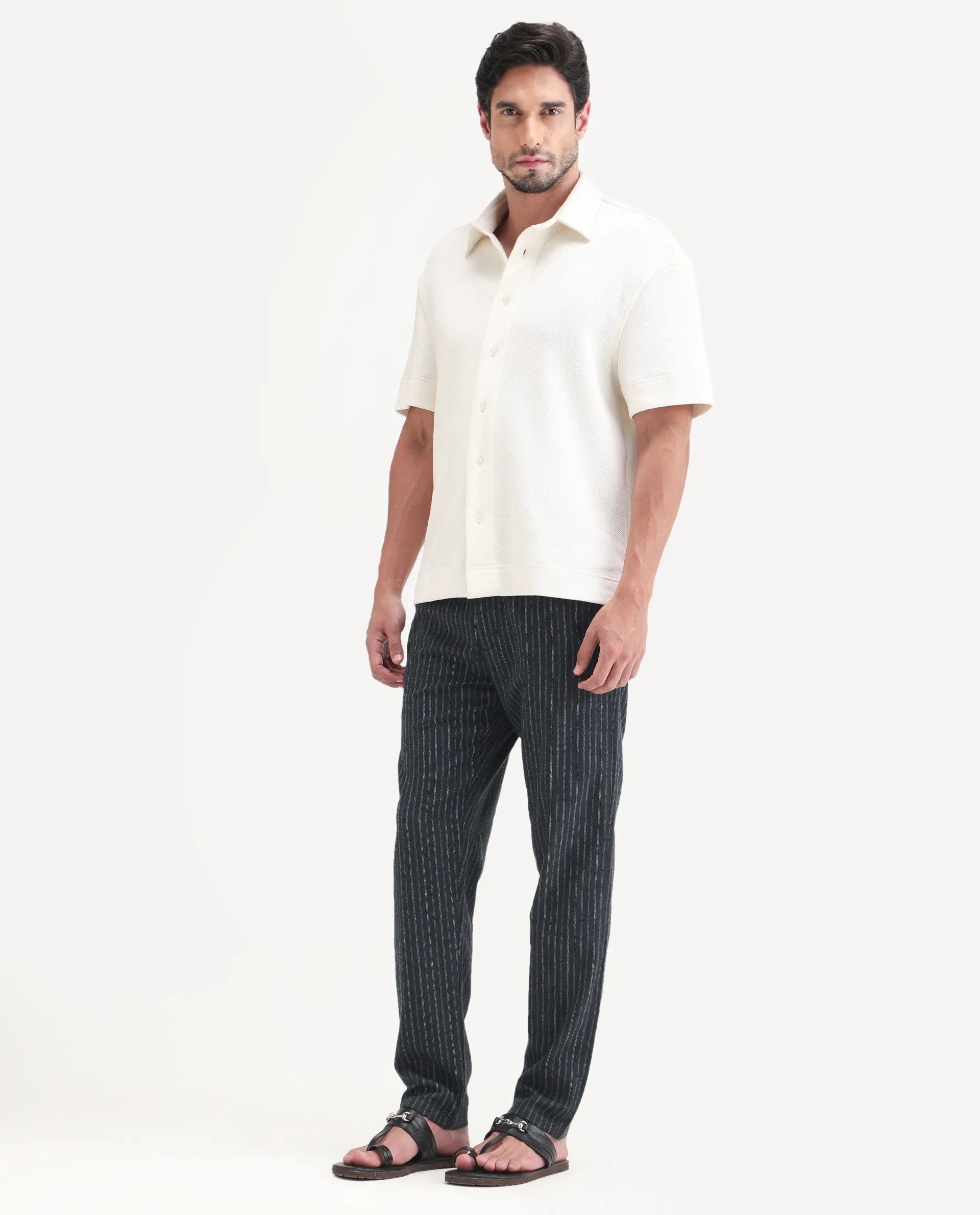 Rare Rabbit Men's Elkie-B Dark Grey Cotton Blend Fabric Straight Fit Striped Trouser