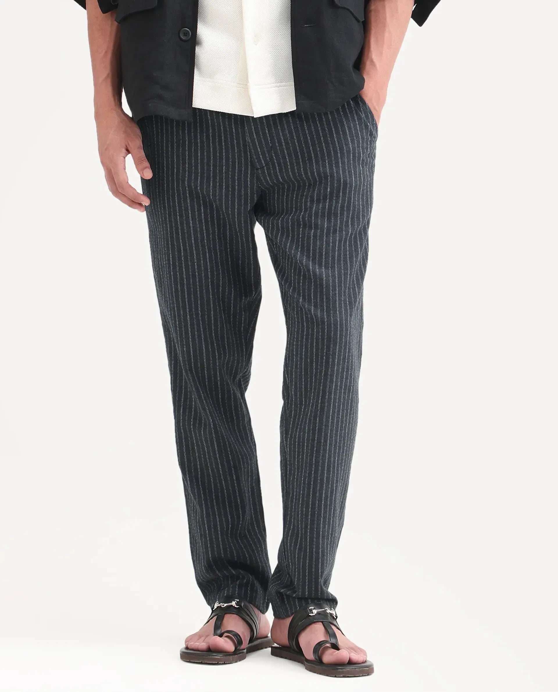 Rare Rabbit Men's Elkie-B Dark Grey Cotton Blend Fabric Straight Fit Striped Trouser