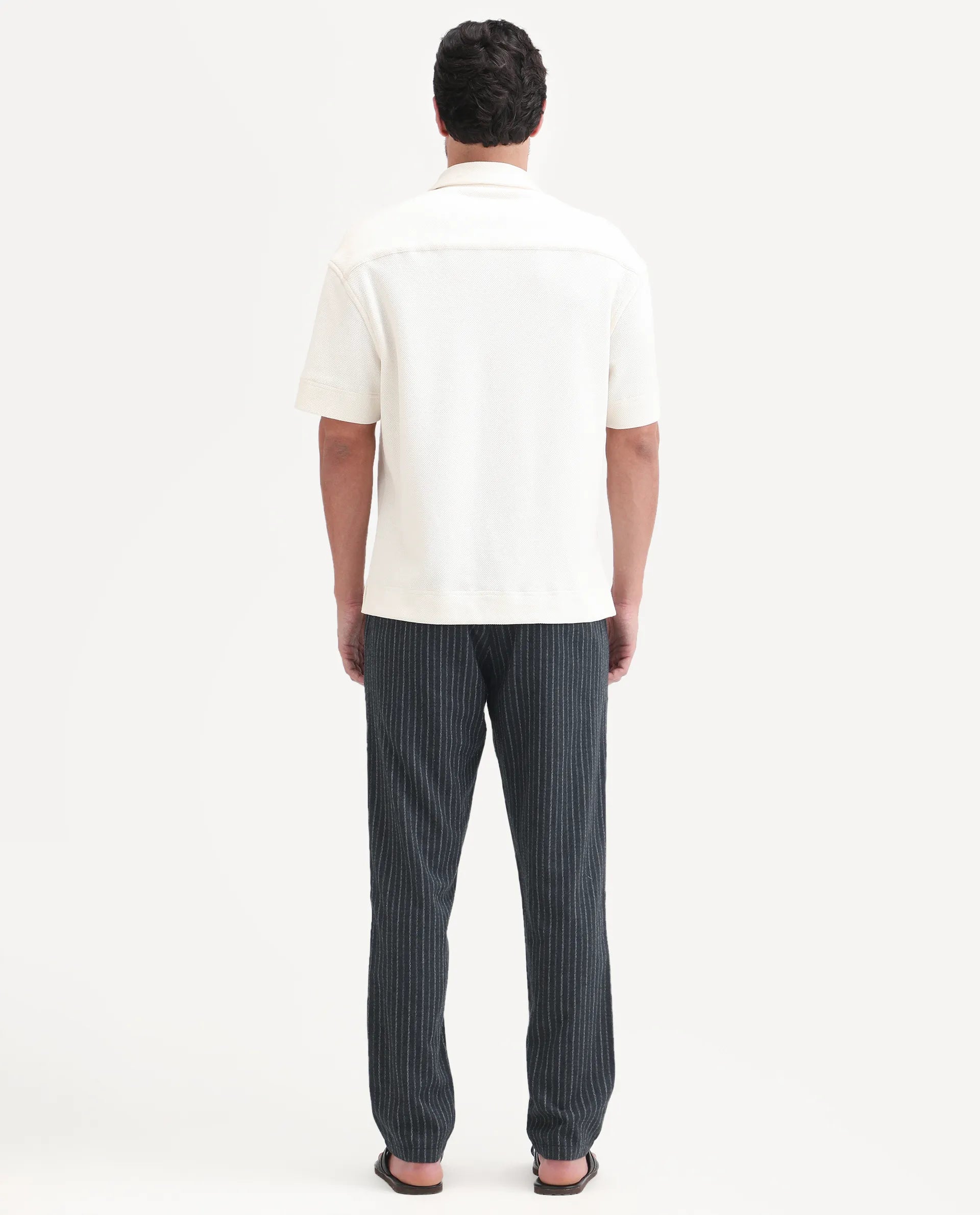 Rare Rabbit Men's Elkie-B Dark Grey Cotton Blend Fabric Straight Fit Striped Trouser