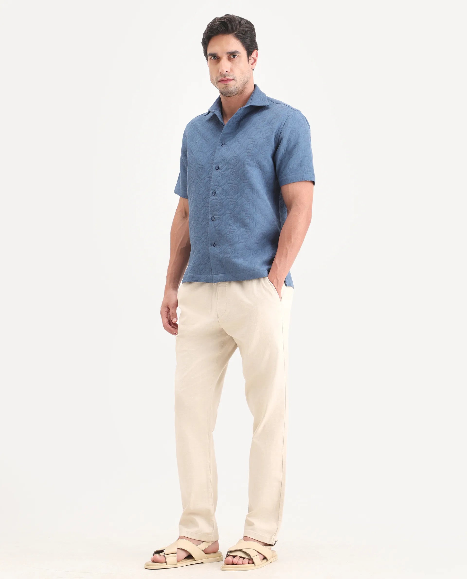 Rare Rabbit Men's Pluk Beige Cotton Blend Fabric Regular Fit Plain Trouser