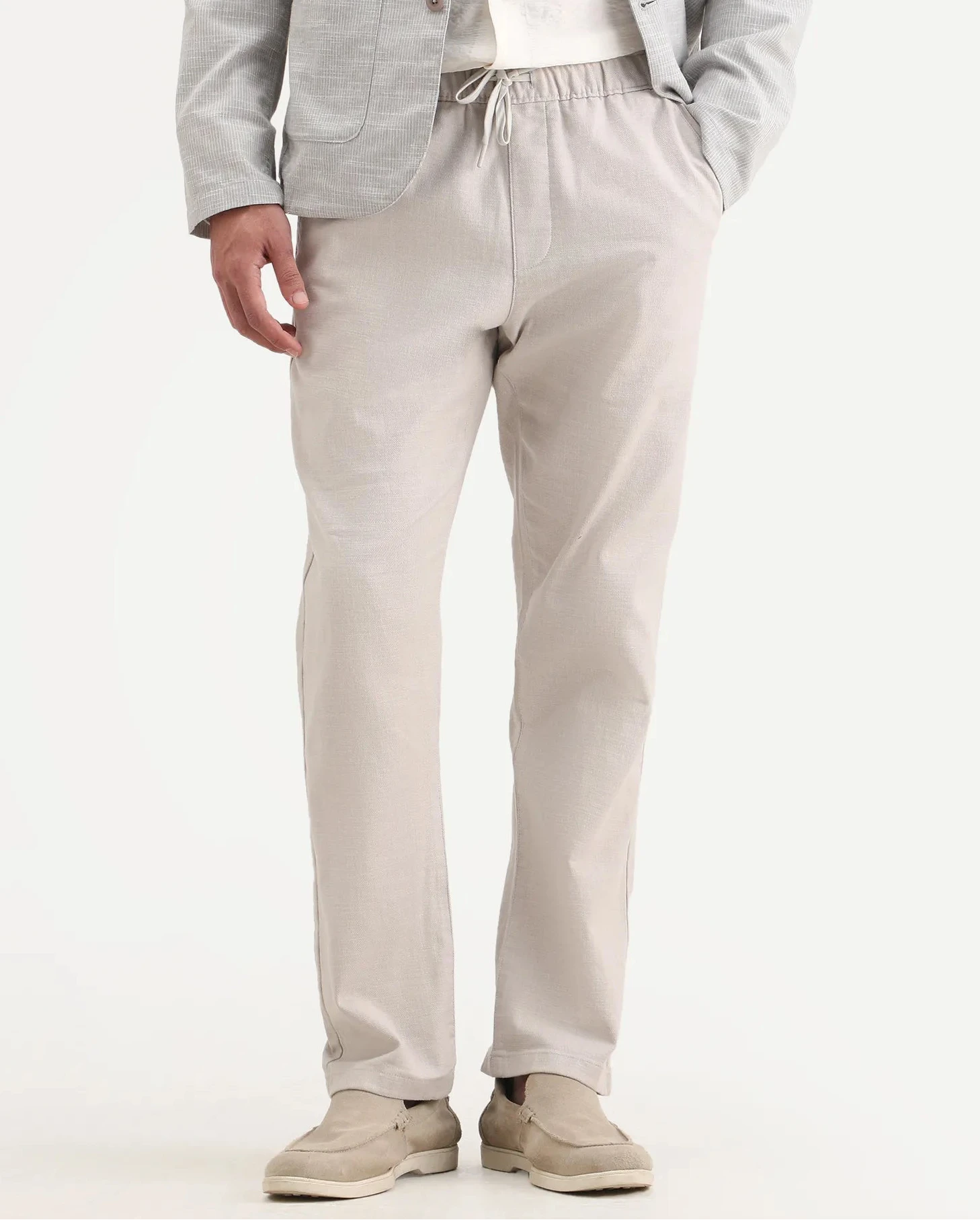 Rare Rabbit Men's Pluk Light Grey Cotton Blend Fabric Regular Fit Plain Trouser