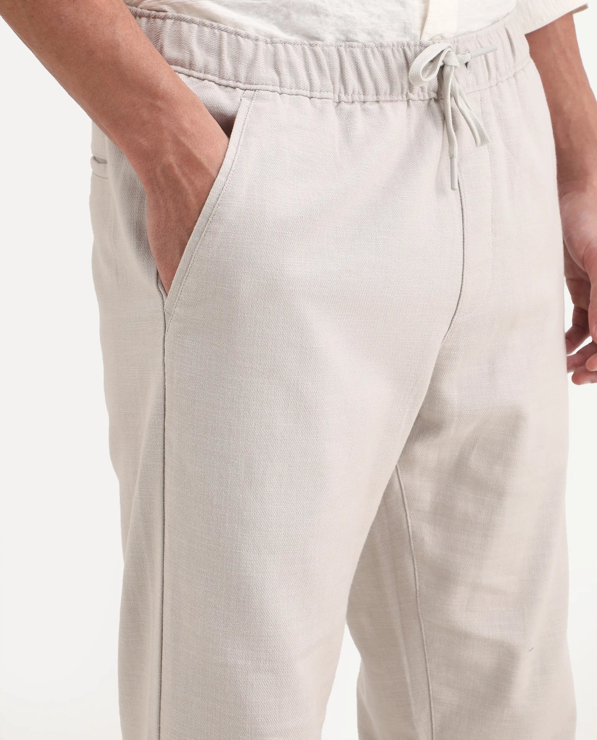 Rare Rabbit Men's Pluk Light Grey Cotton Blend Fabric Regular Fit Plain Trouser