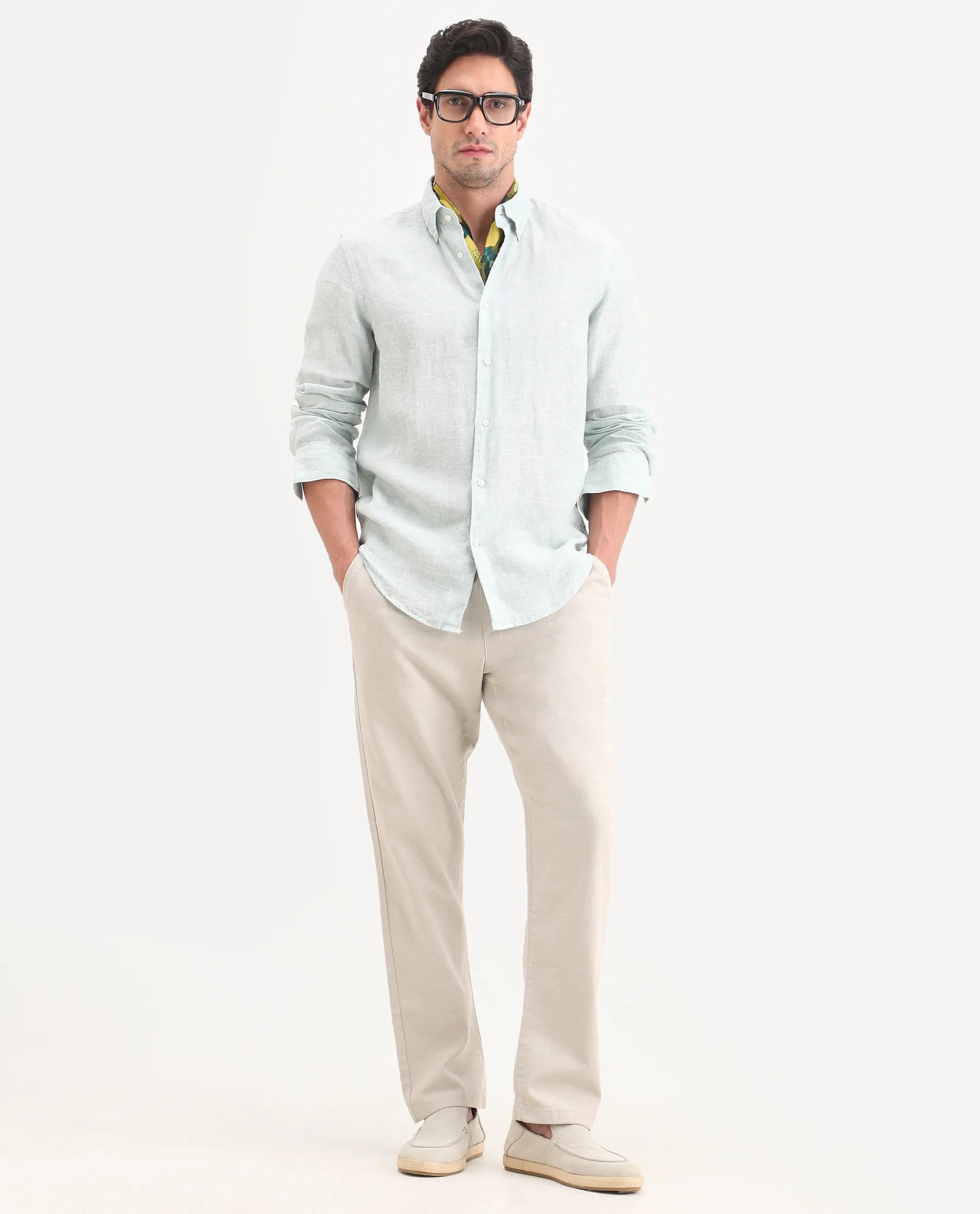 Rare Rabbit Men's Pluk Dusky Green Cotton Blend Fabric Regular Fit Plain Trouser